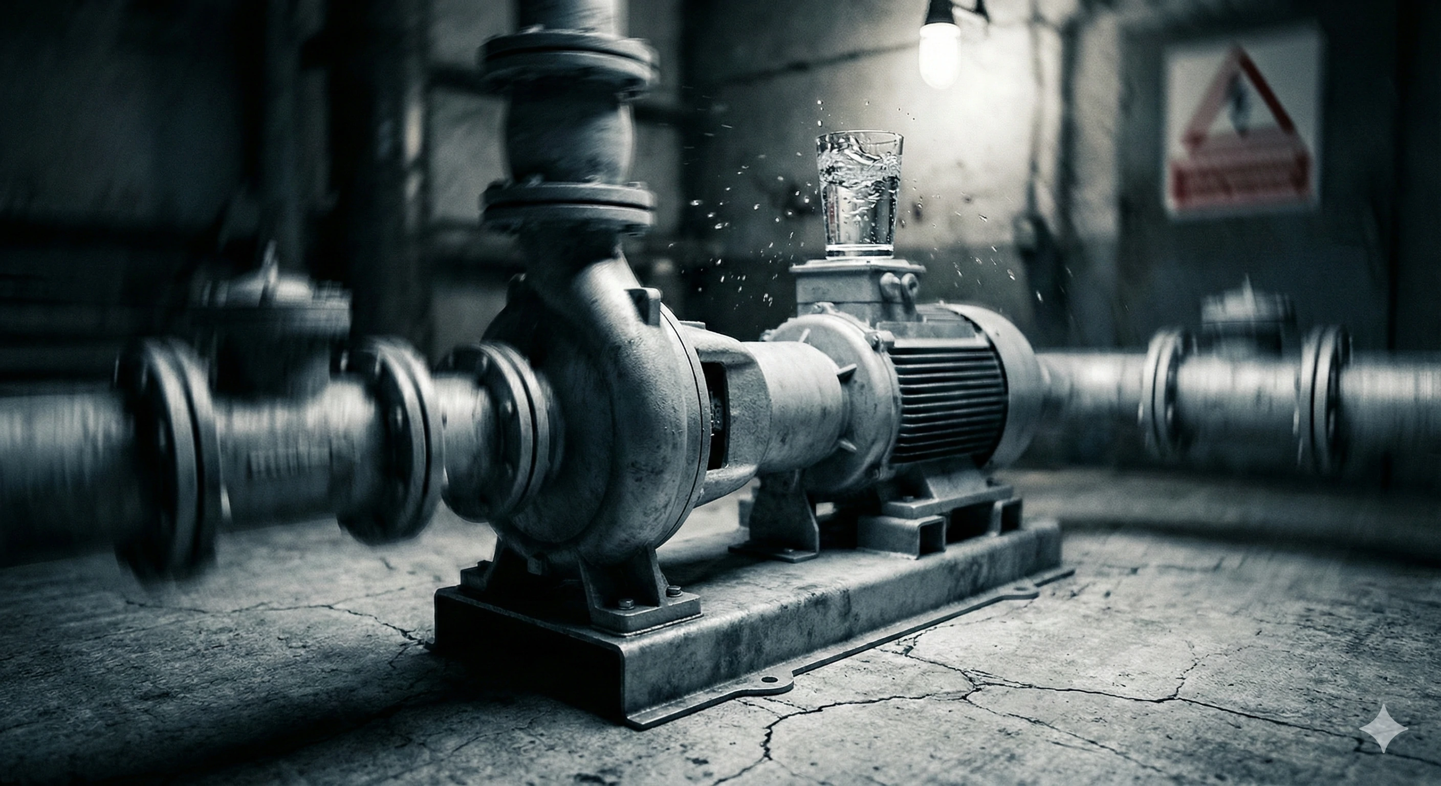 Verre d'eau vibrant sur une pompe démontrant une stabilité et un équilibre médiocres