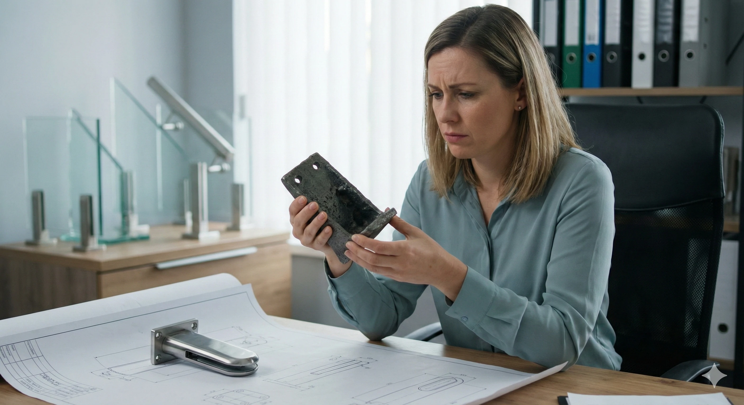 Engineer inspecting casting quality for glass railing hardware production