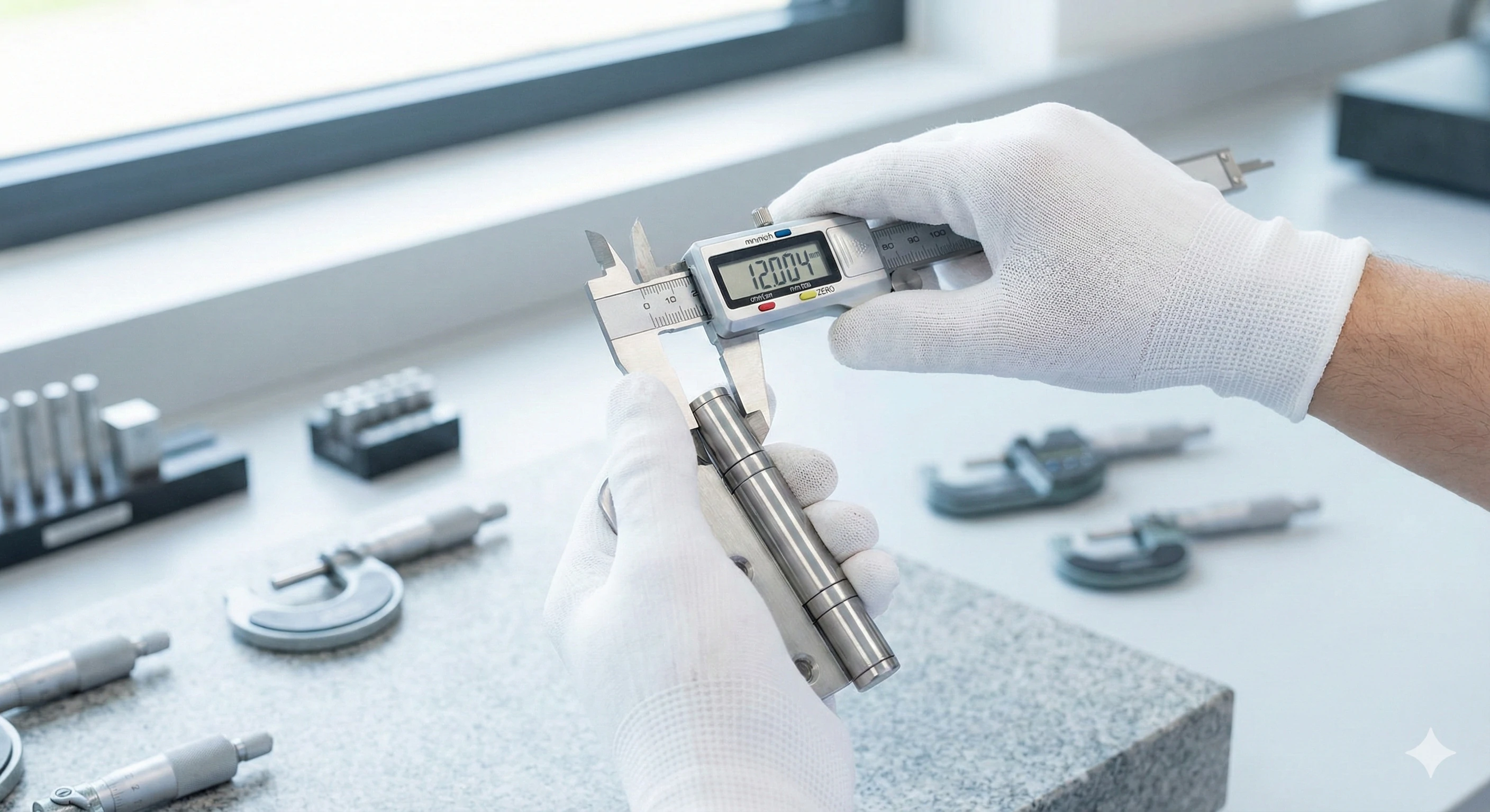 Technician measuring stainless steel hinge pin dimensions with digital calipers.