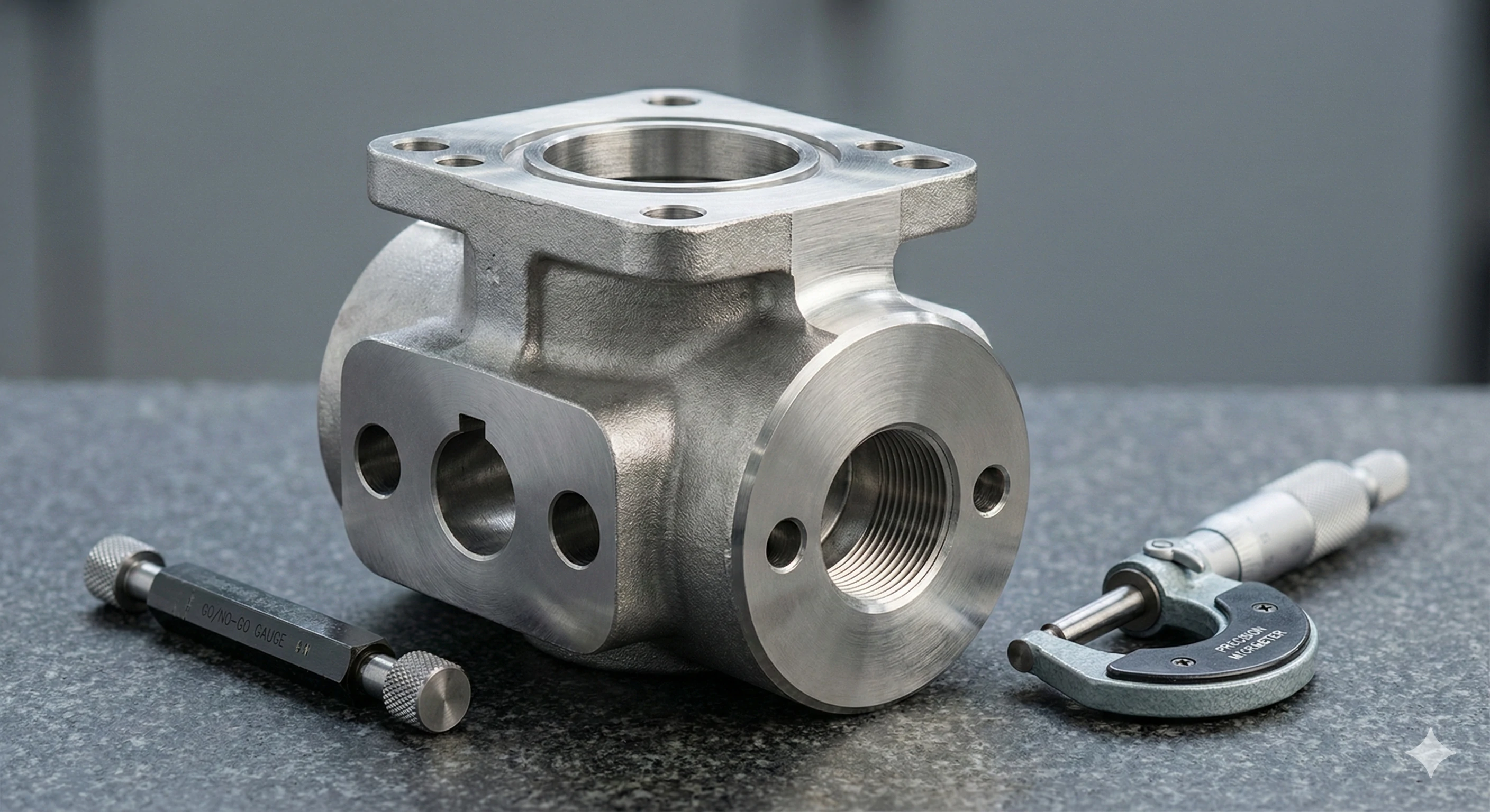 Precision quality inspection of machined metal part with micrometer