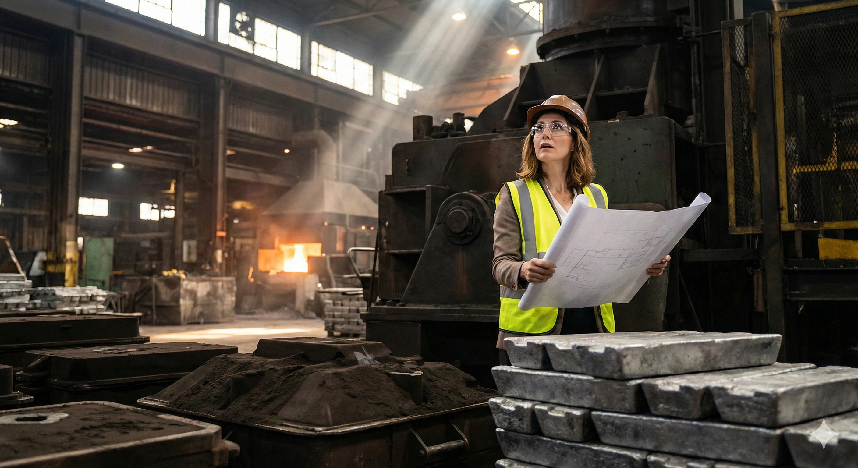 Engineer reviewing blueprints in a glass hardware manufacturing facility