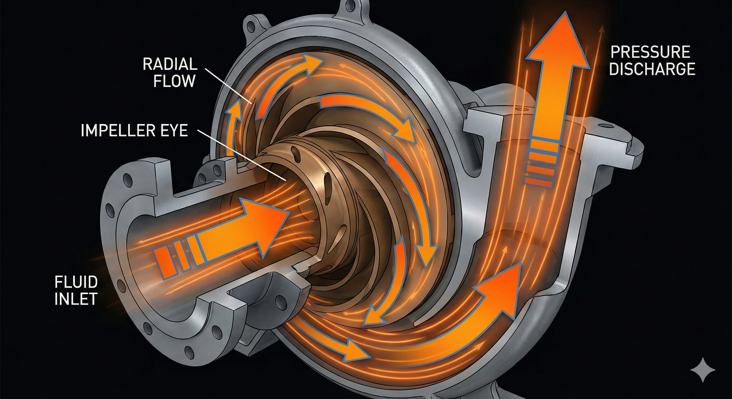 Vue en coupe de la roue d'une pompe centrifuge montrant la pression radiale du flux
