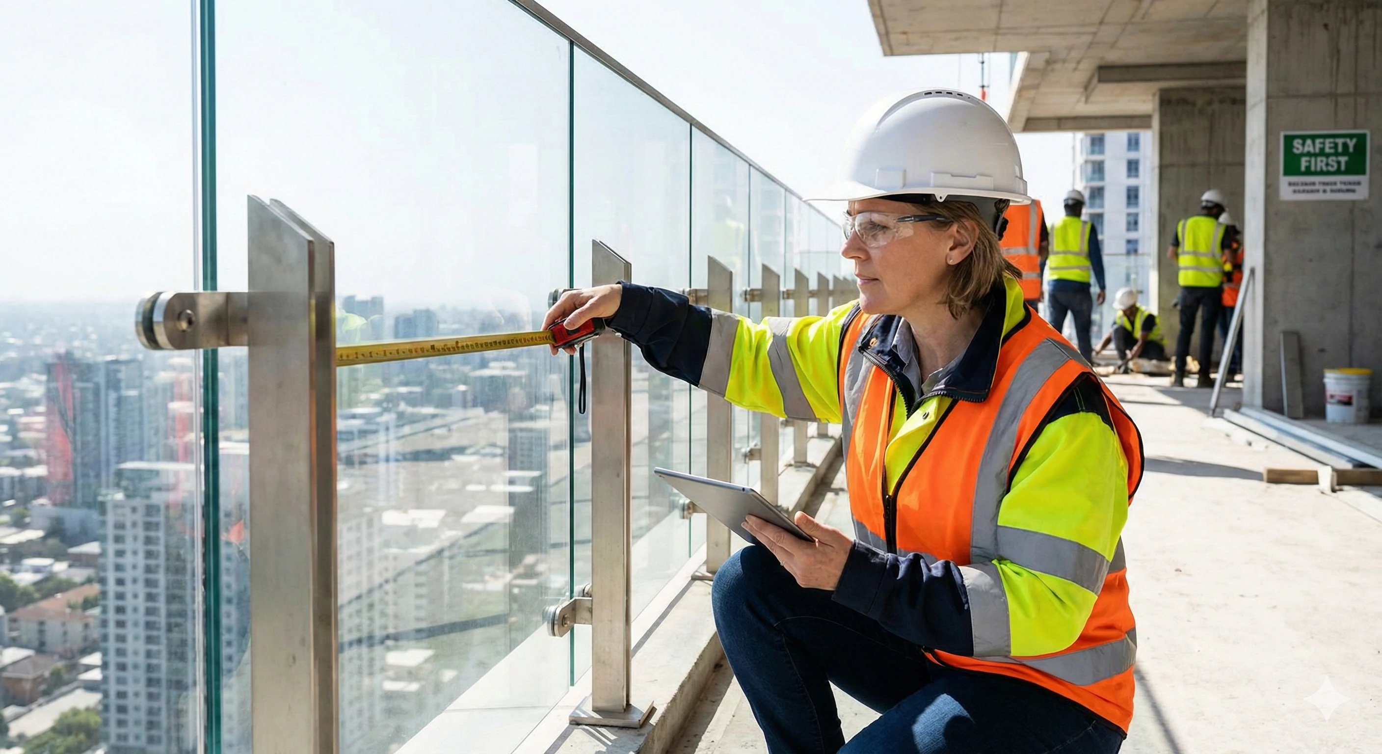 Ingénieur mesurant l'installation d'une balustrade en verre commerciale pour le contrôle qualité