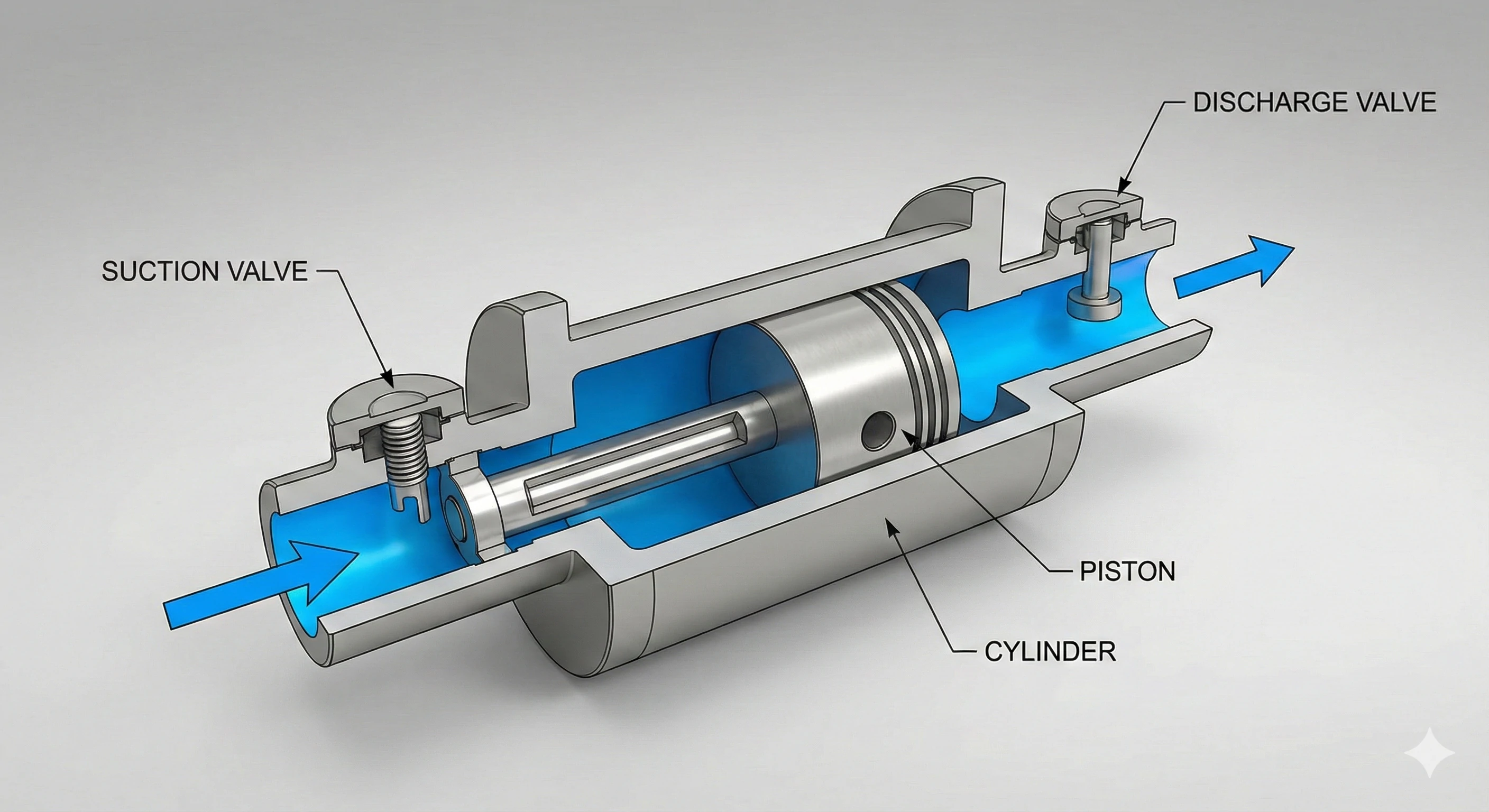Cross-sectional diagram of reciprocating piston pump internal mechanism
