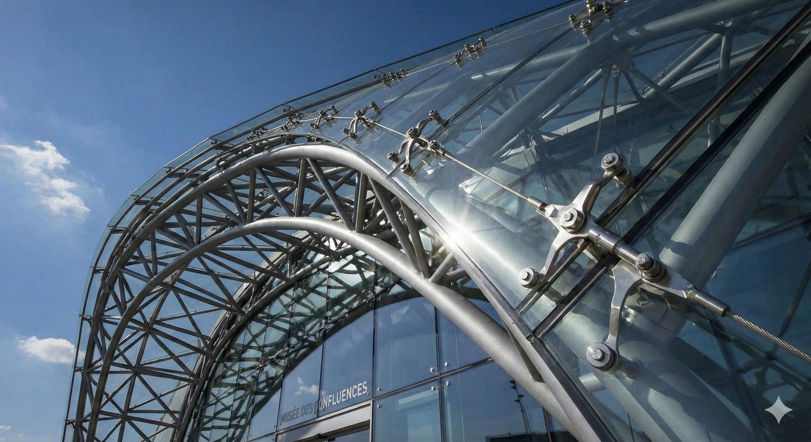 Structure moderne de mur-rideau en verre soutenue par des fixations en acier inoxydable.