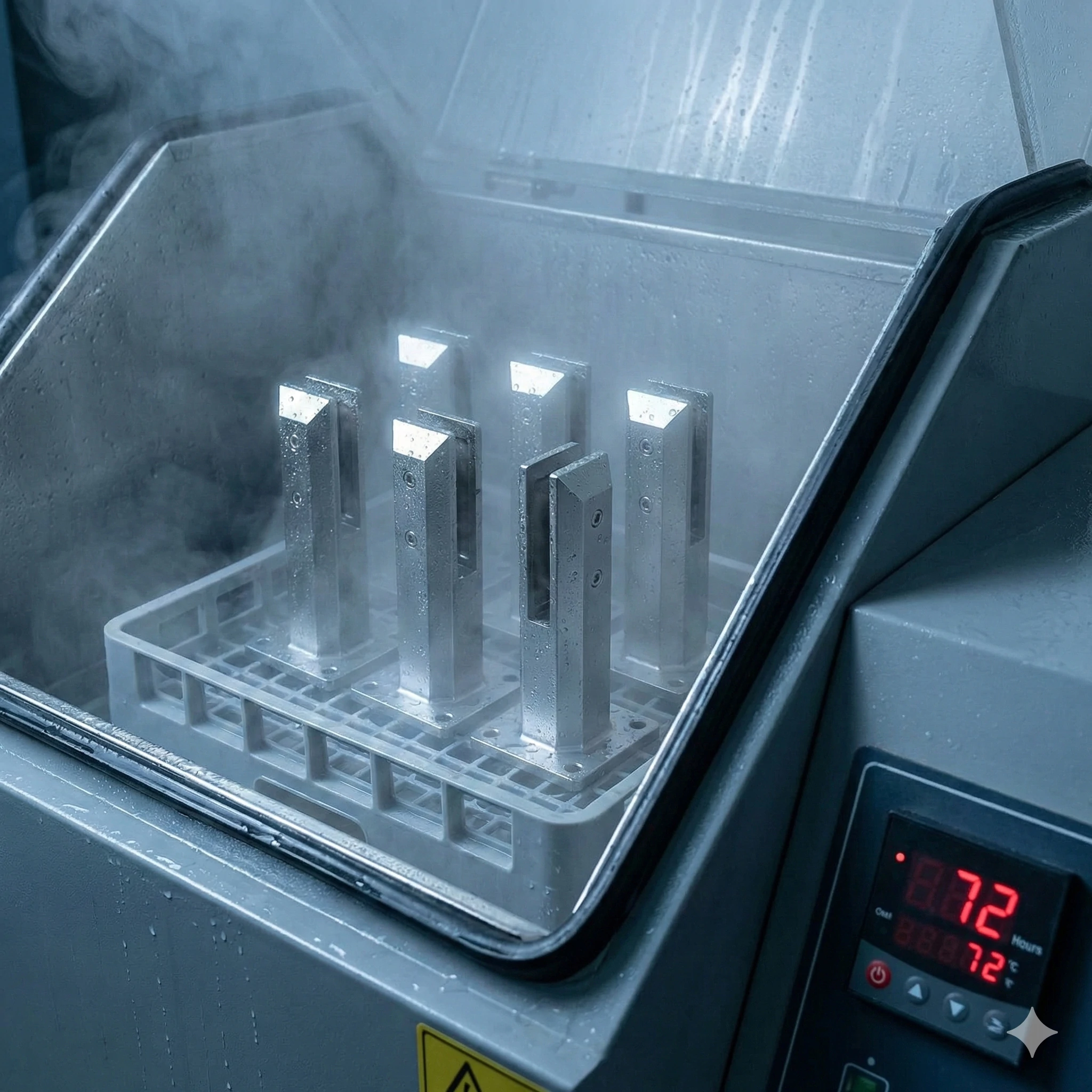 Chambre d'essai au brouillard salin permettant de vérifier la résistance à la corrosion des robinets en verre