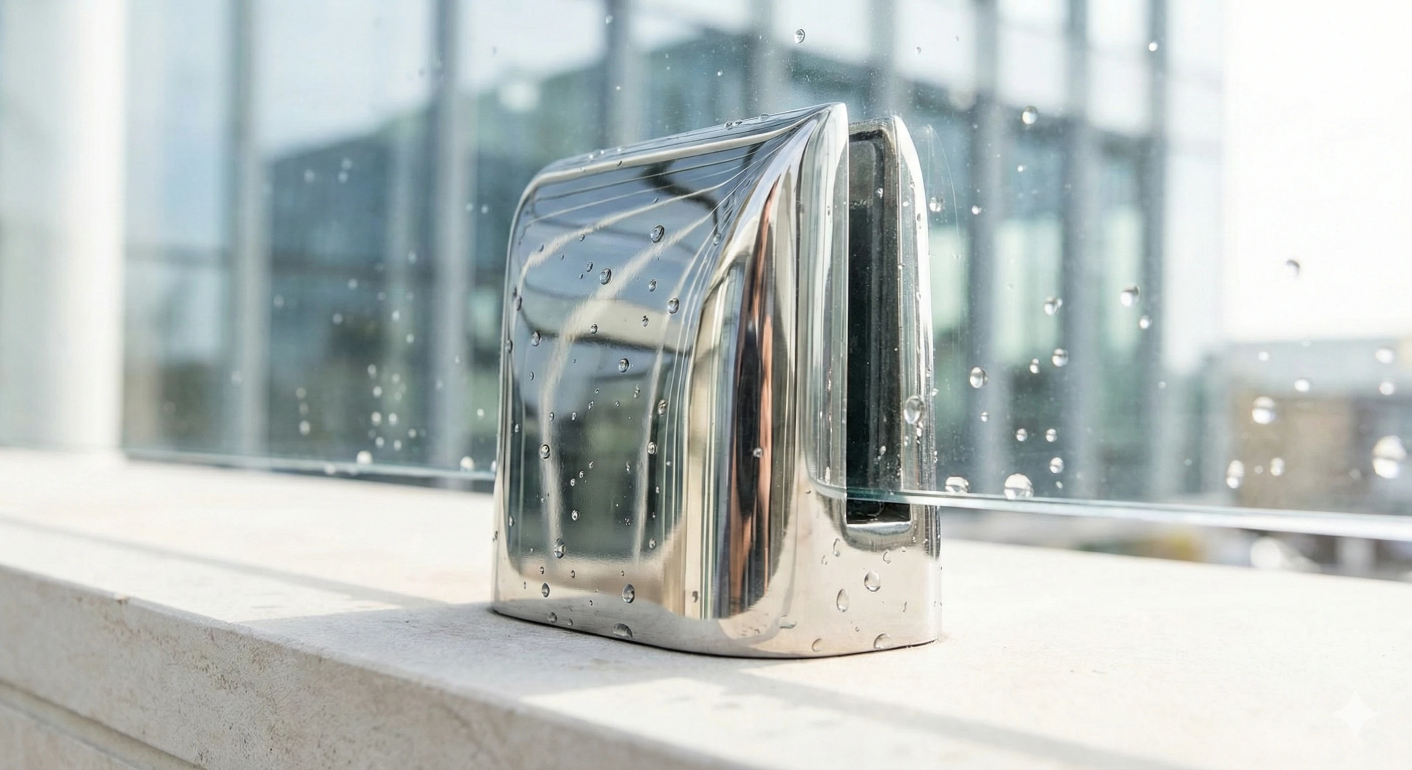 Polished stainless steel glass spigot clamp for frameless railing installation