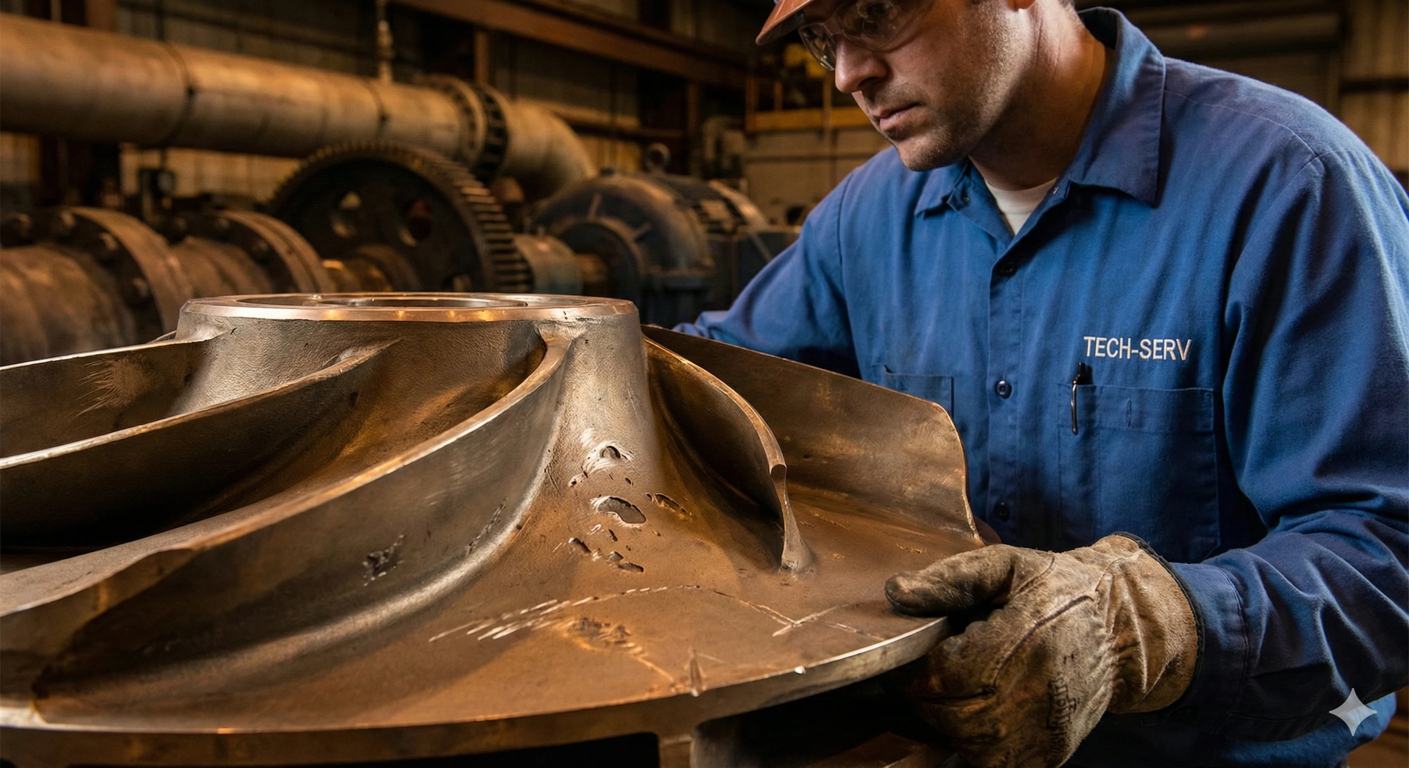 Technicien inspectant une grande roue de pompe en acier inoxydable à la recherche de défauts de surface