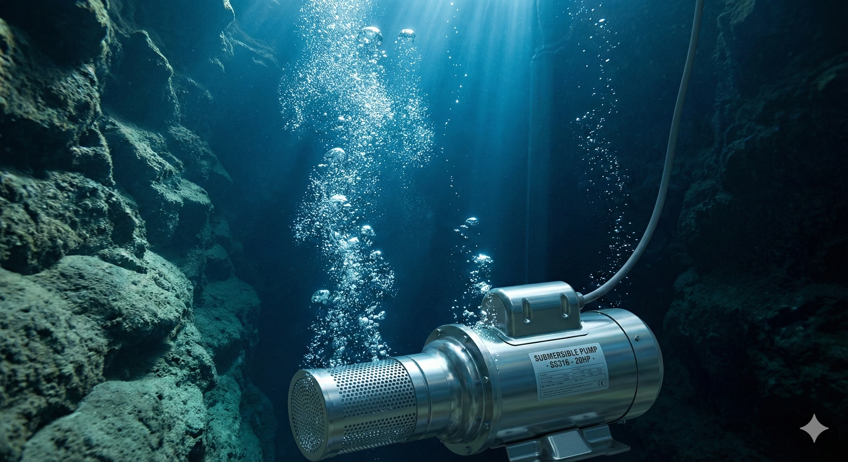 Stainless steel submersible dewatering pump operating underwater