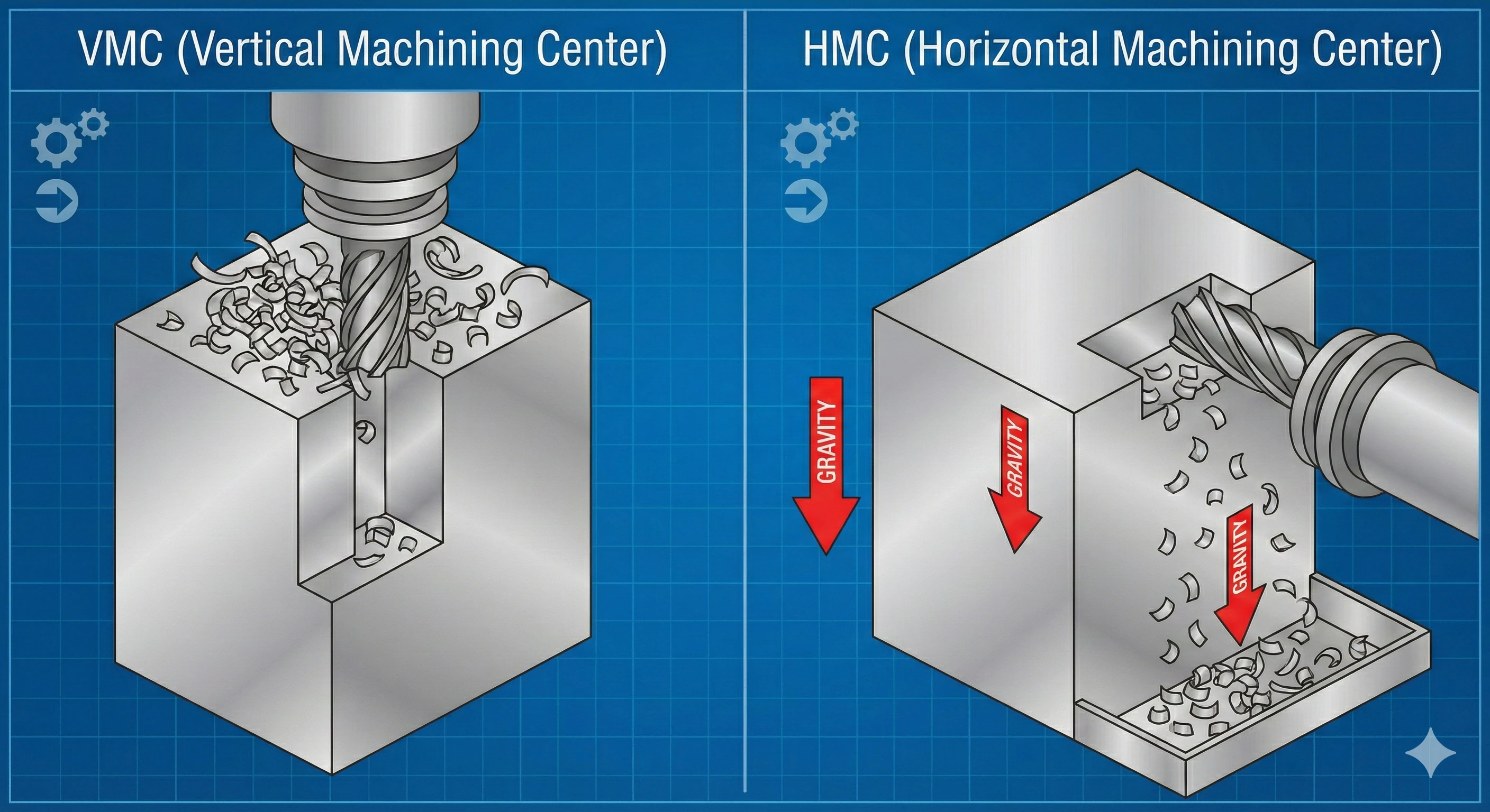 Comparison diagram of vertical vs horizontal machining centers for manufacturing