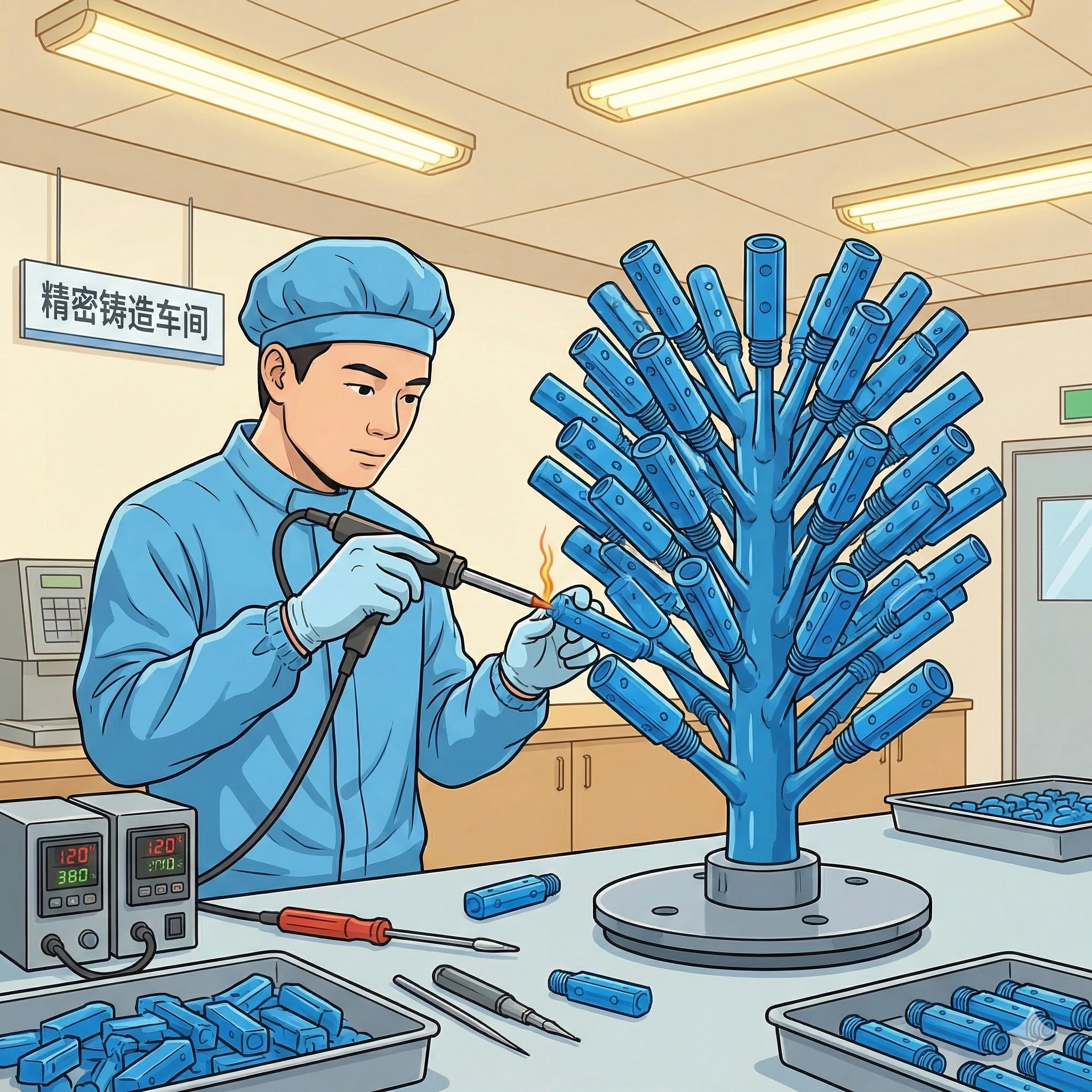 Worker assembling wax tree for precision casting of stainless steel hardware