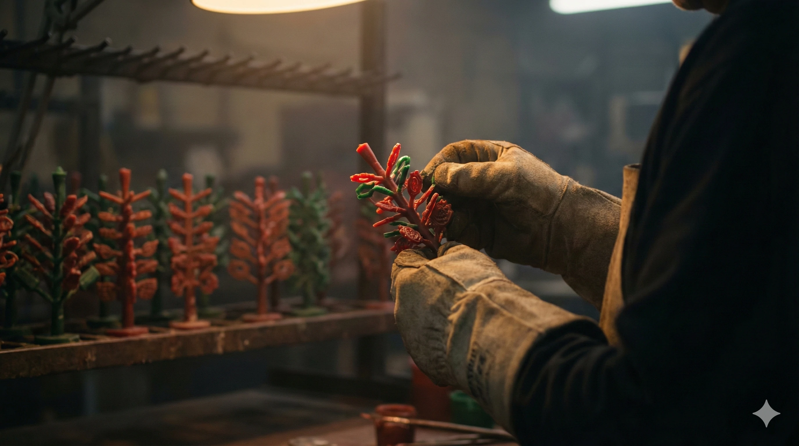 Artisan assemblant un arbre en cire pour un moulage de précision