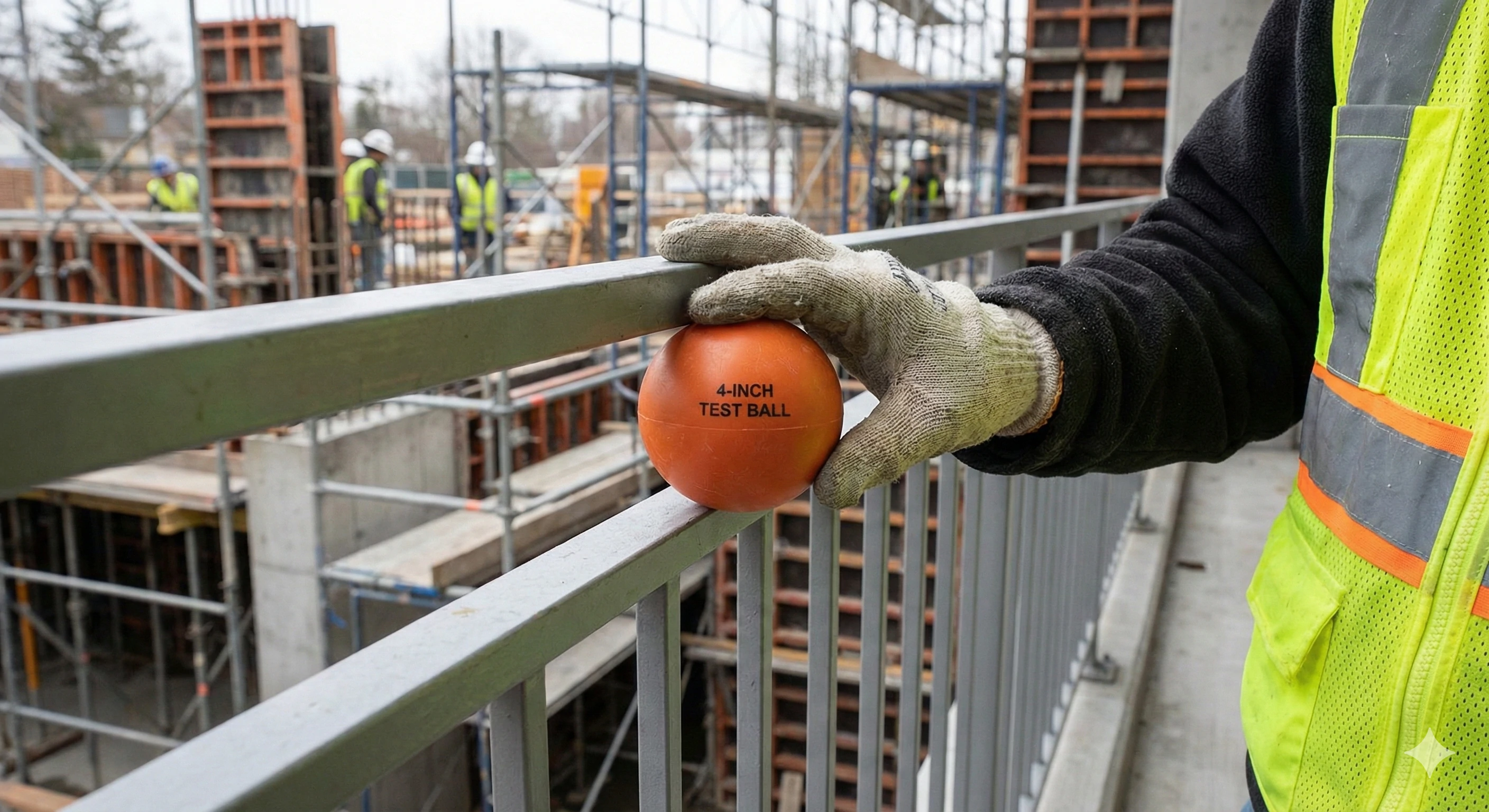 Building inspector using a 4-inch ball tool to verify railing gap safety compliance.
