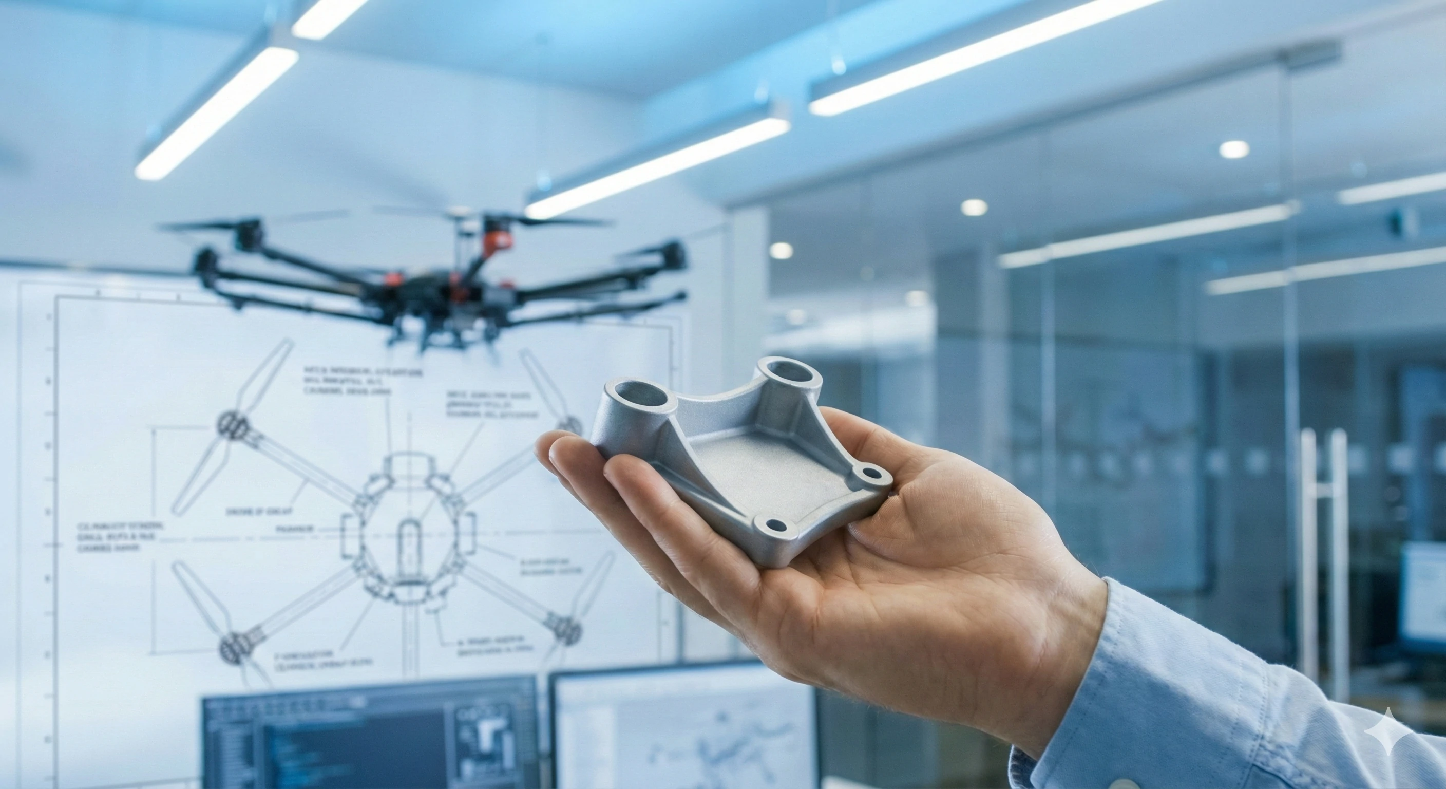 Engineer holding custom cast aluminum drone bracket with technical blueprint background