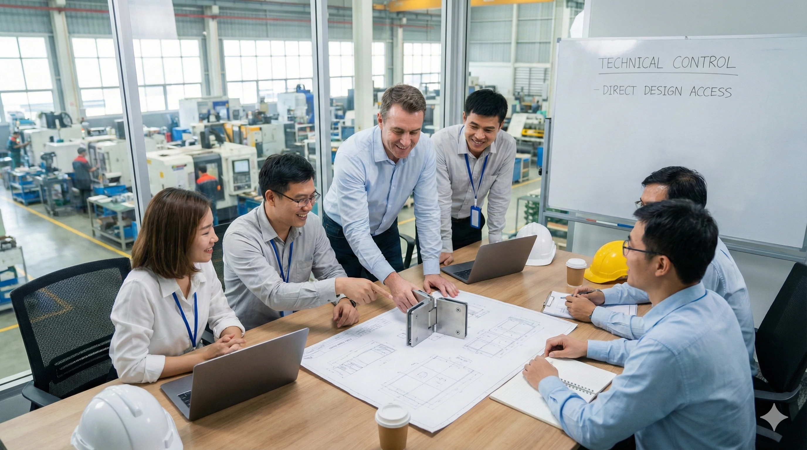 Équipe d'ingénieurs examinant les plans pour des solutions personnalisées de quincaillerie en verre