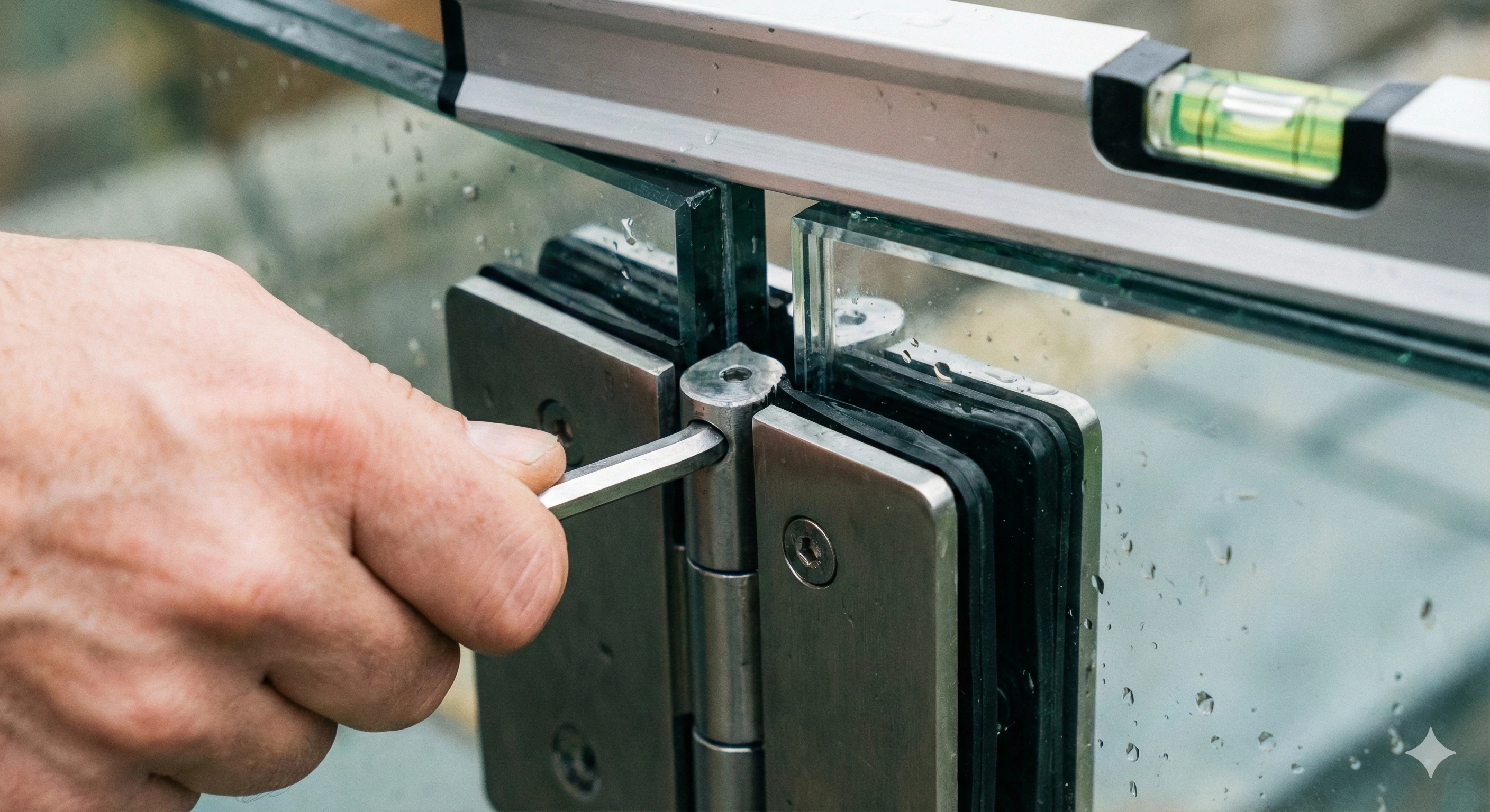 Serrage final des vis de la charnière en verre à l'aide d'une clé Allen après avoir vérifié l'alignement à l'aide d'un niveau.