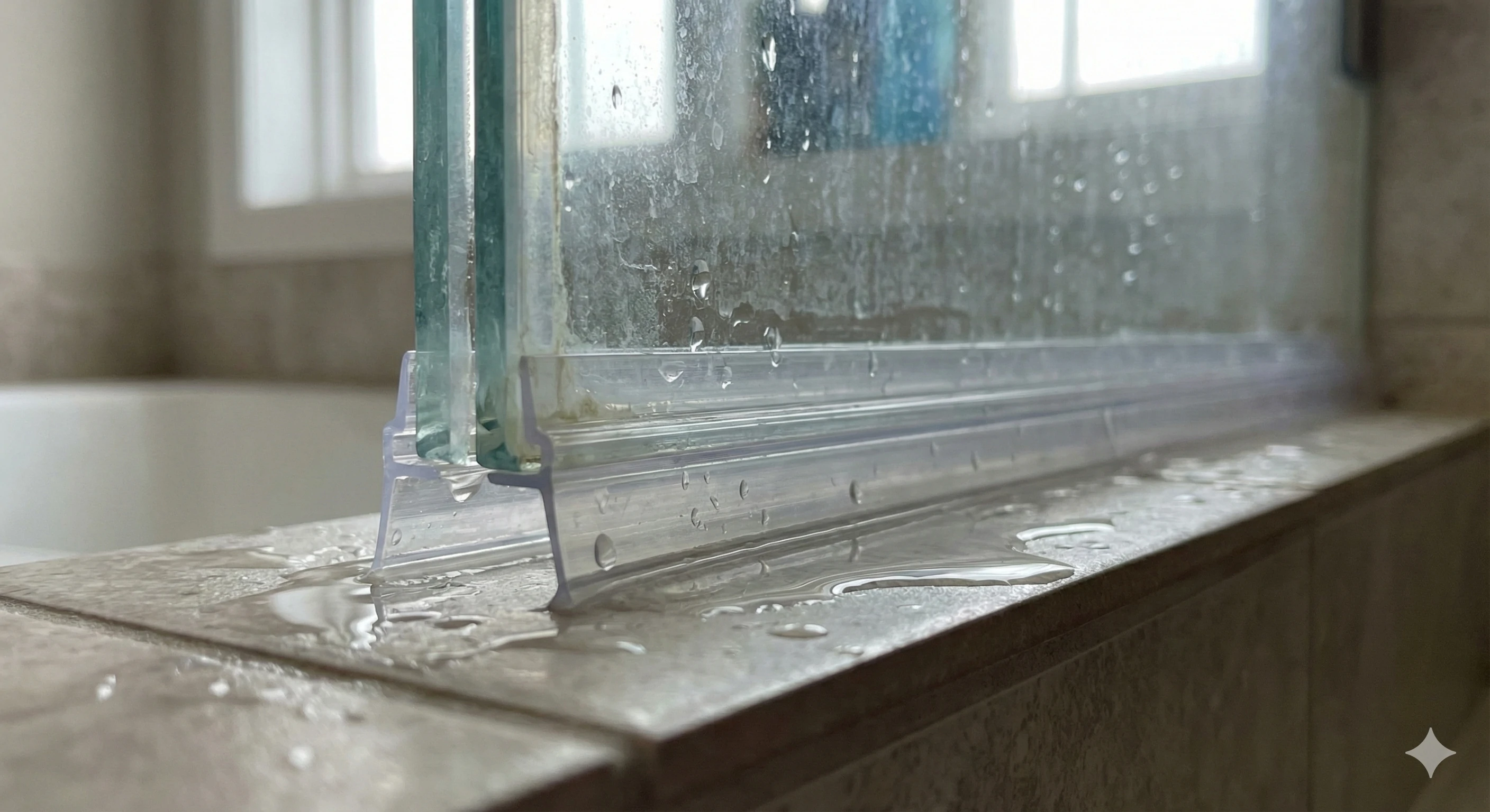 Clear bottom sweep seal and drip rail installed on a frameless shower door to prevent water leaks.