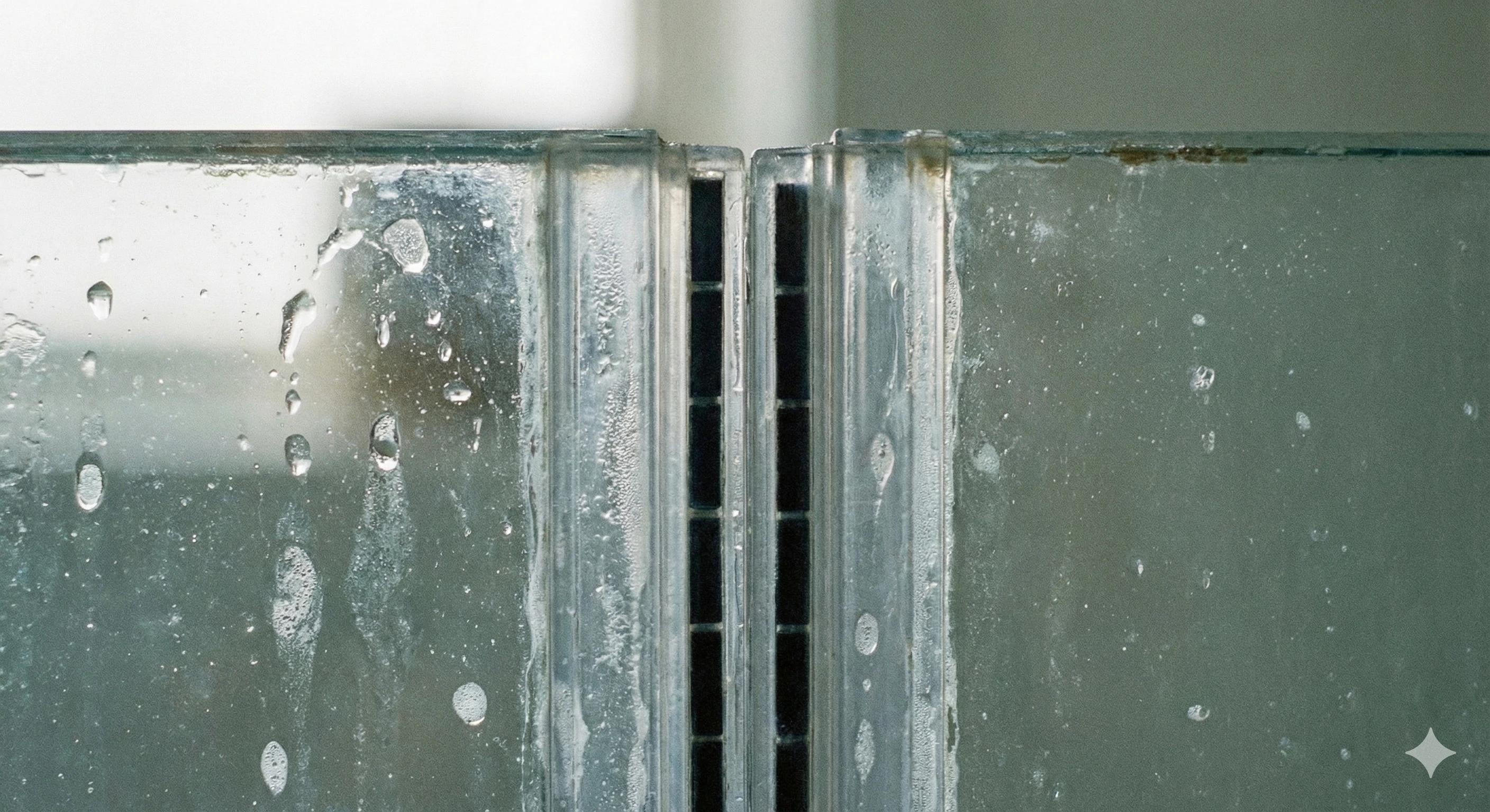 Close-up of magnetic polycarbonate seals closing the gap between frameless glass shower panels to prevent water spray.