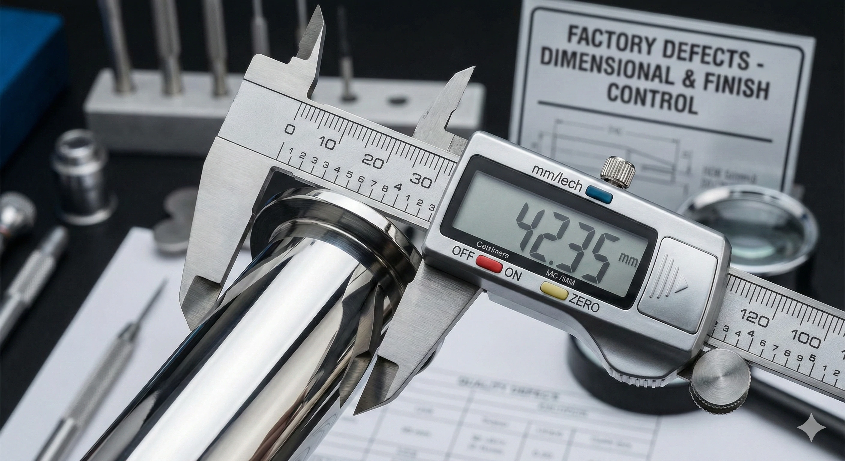 Inspector checking glass hardware dimensions with digital calipers