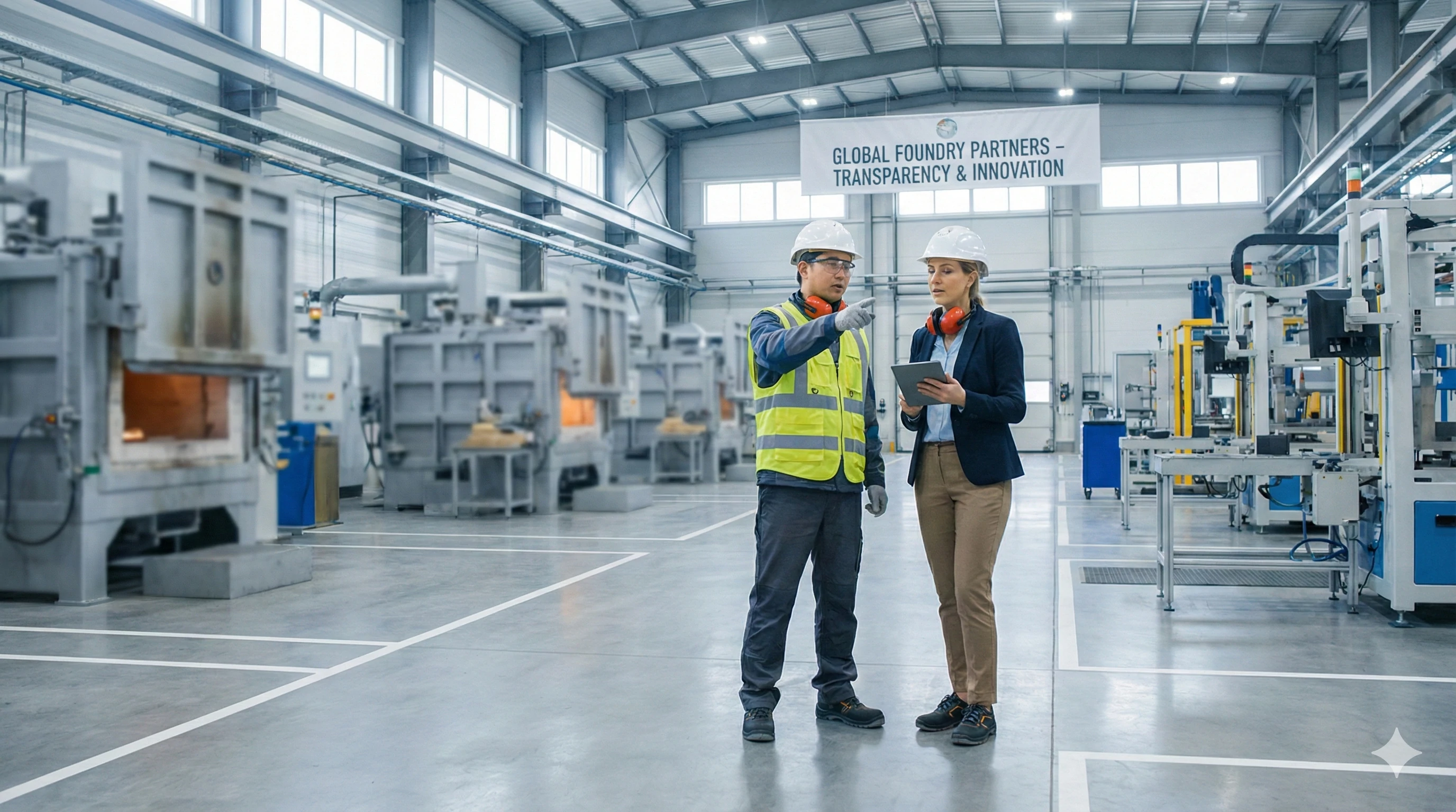 Factory engineers inspecting glass hardware manufacturing facility