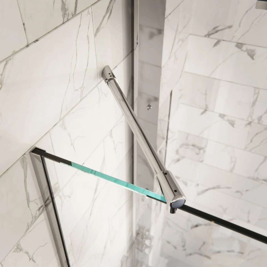 45-degree glass-to-wall stabilizer bar support arm for frameless shower panels.
