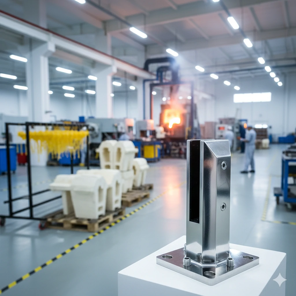 Polished stainless steel glass spigot displayed in Aleader manufacturing factory facility