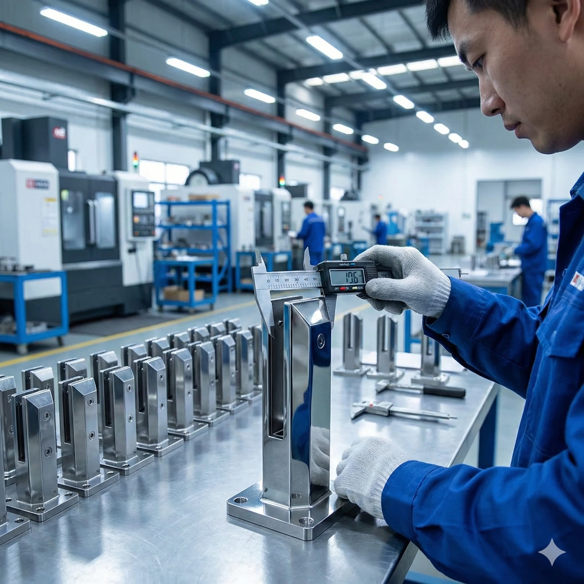 Ouvrier d'usine inspectant la qualité d'un robinet carré en verre à l'aide d'un pied à coulisse numérique (ID n° 1)
