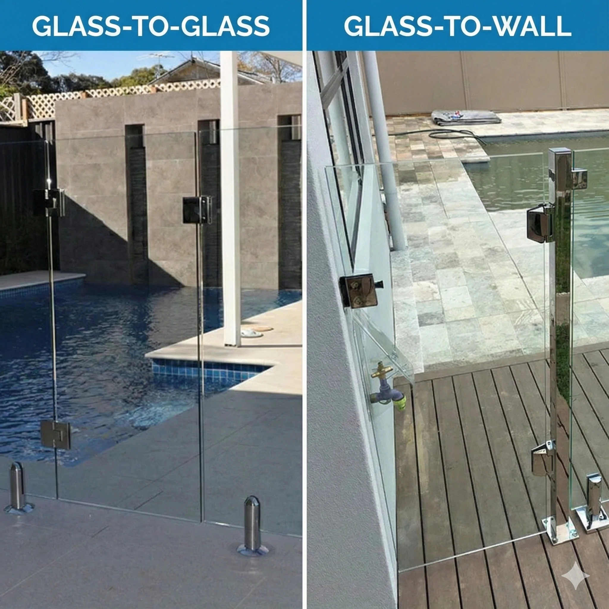 Différents styles de montage pour les loquets de portails en verre : verre-verre ou verre-mur/poteau.