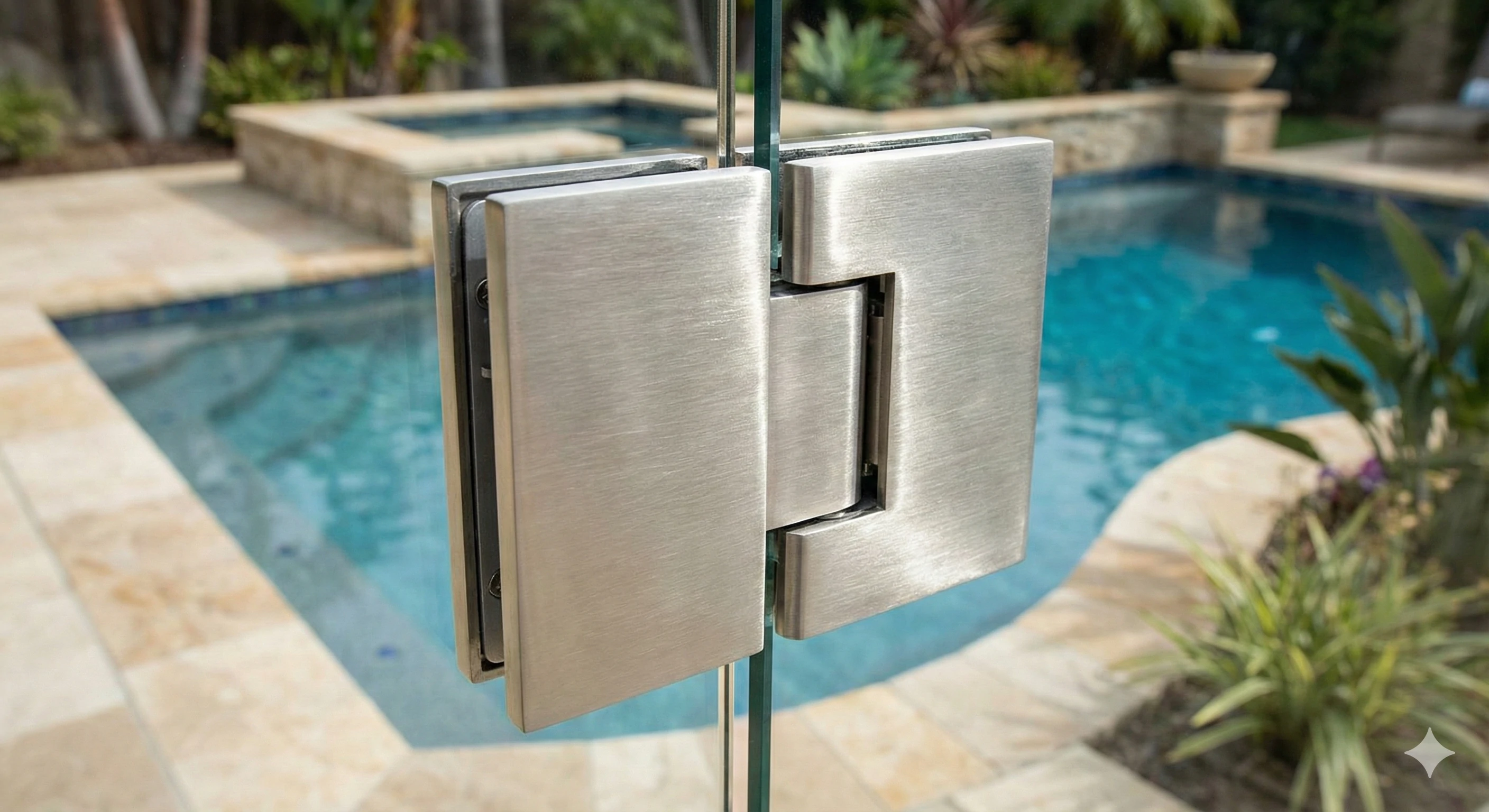 Premium hydraulic soft-close glass gate hinge installed on a frameless pool fence.