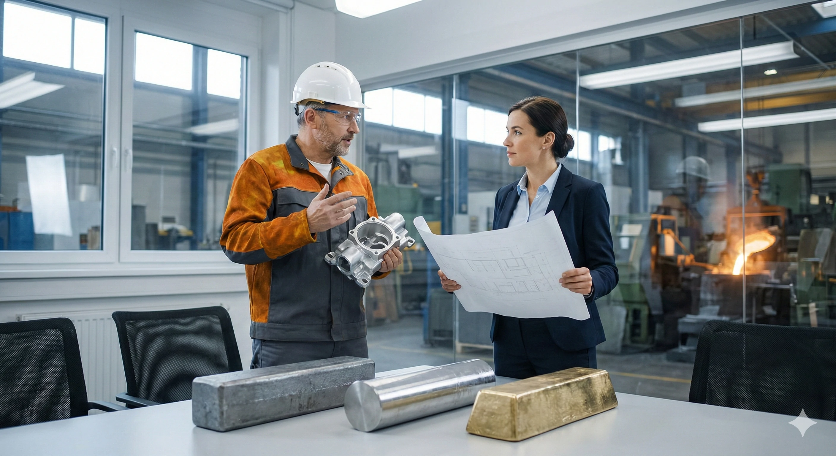 Engineers discussing investment casting prototype with blueprints in factory