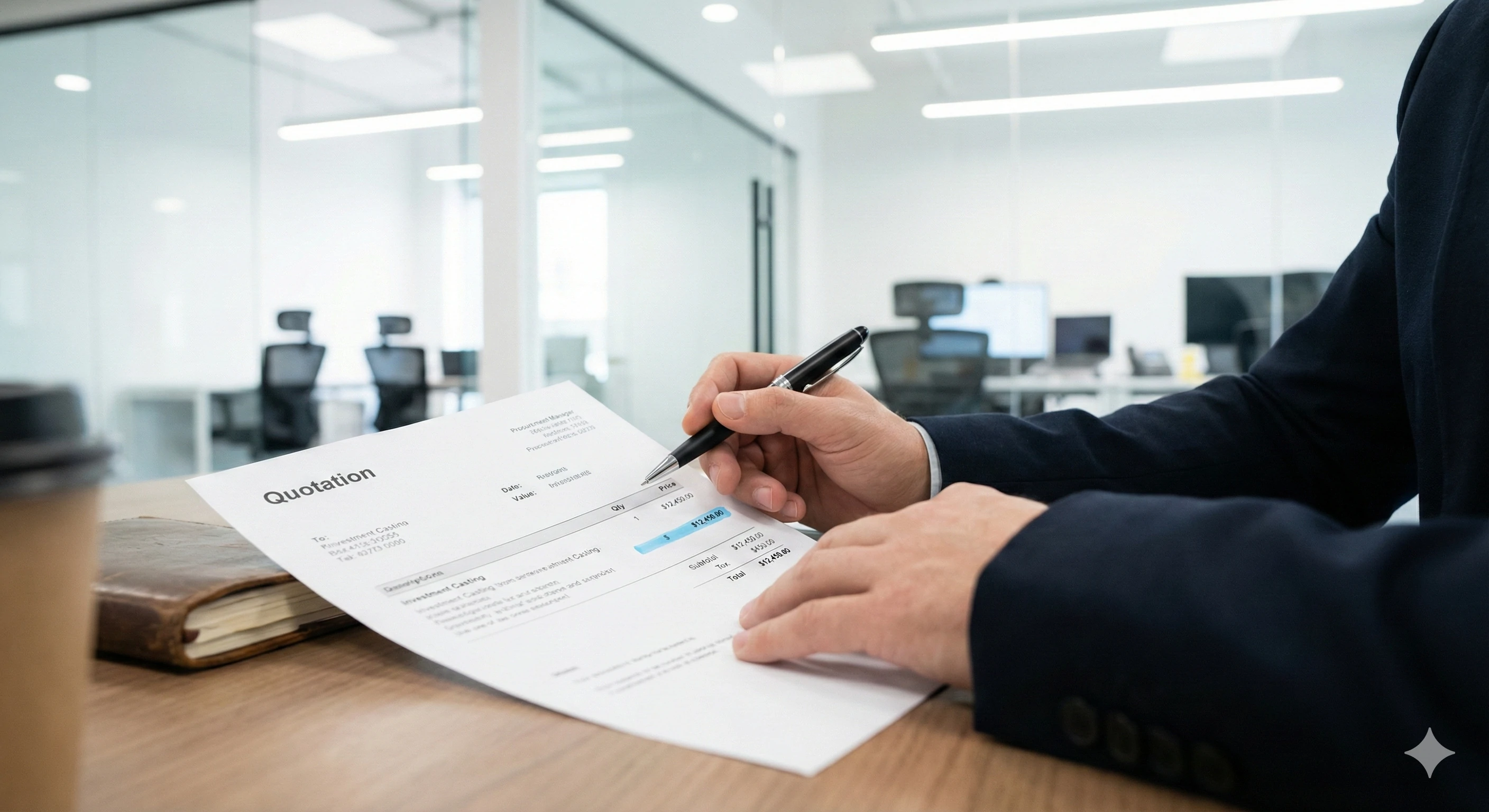 Responsable examinant un devis pour la fabrication de pièces en verre sur mesure par moulage à la cire perdue