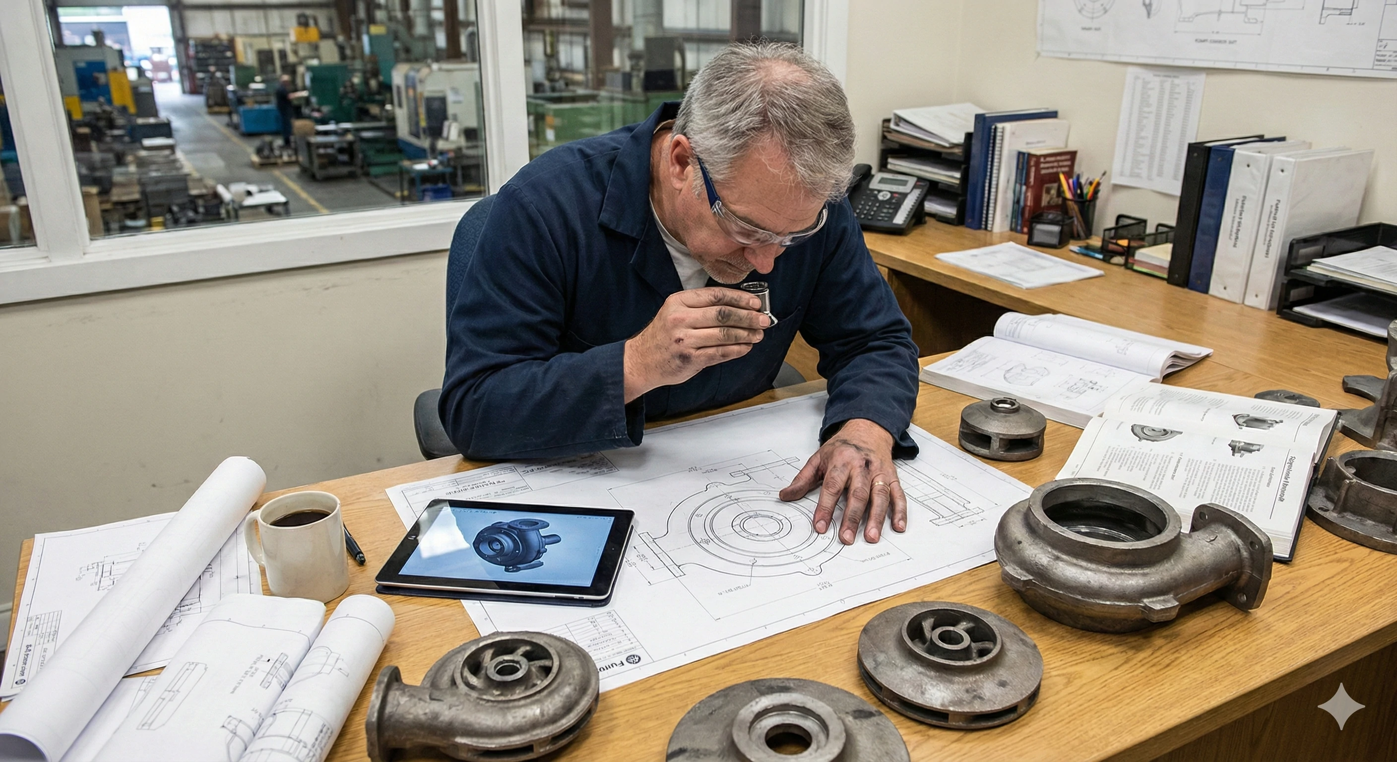 Engineer inspecting investment casting pump parts and blueprints