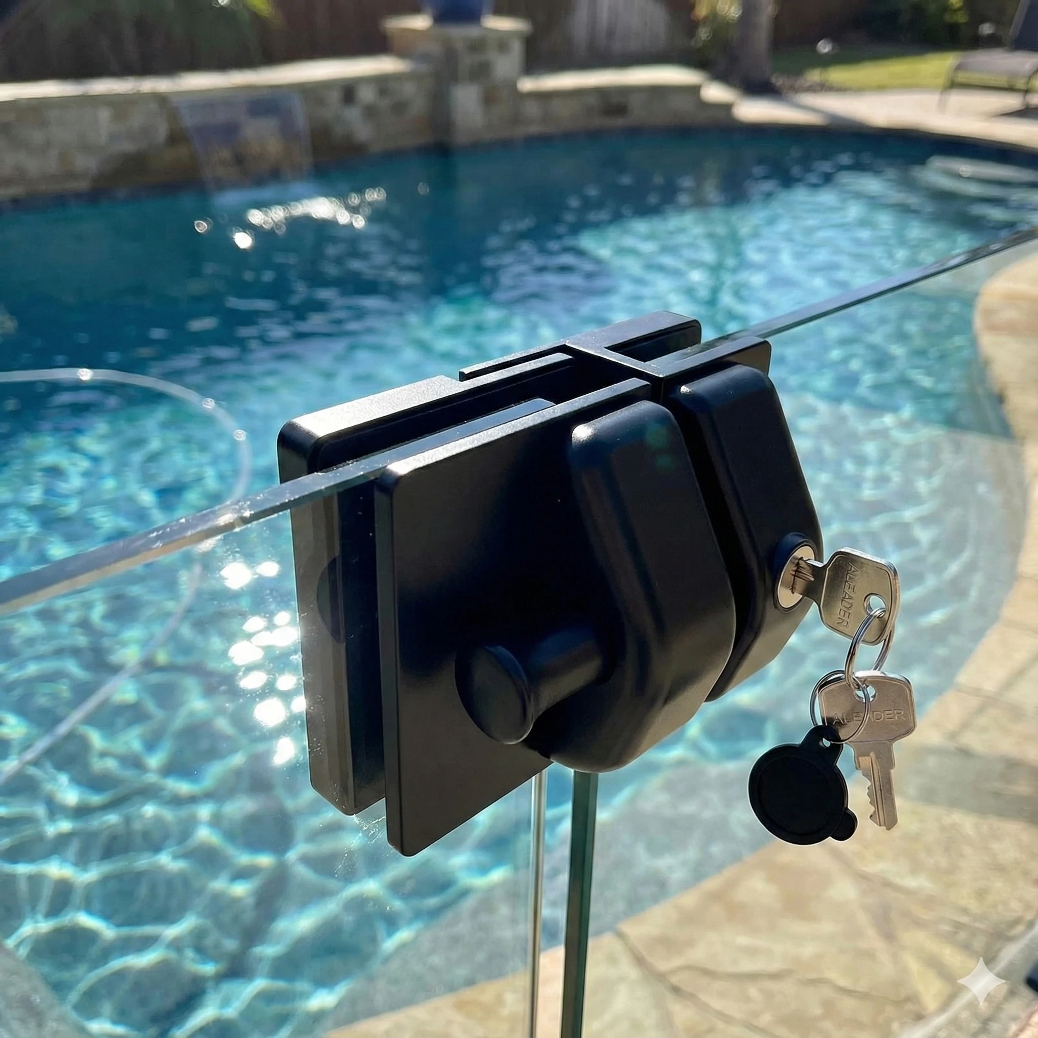 Top pull magnetic gate latch installed on a frameless glass pool fence for child safety.