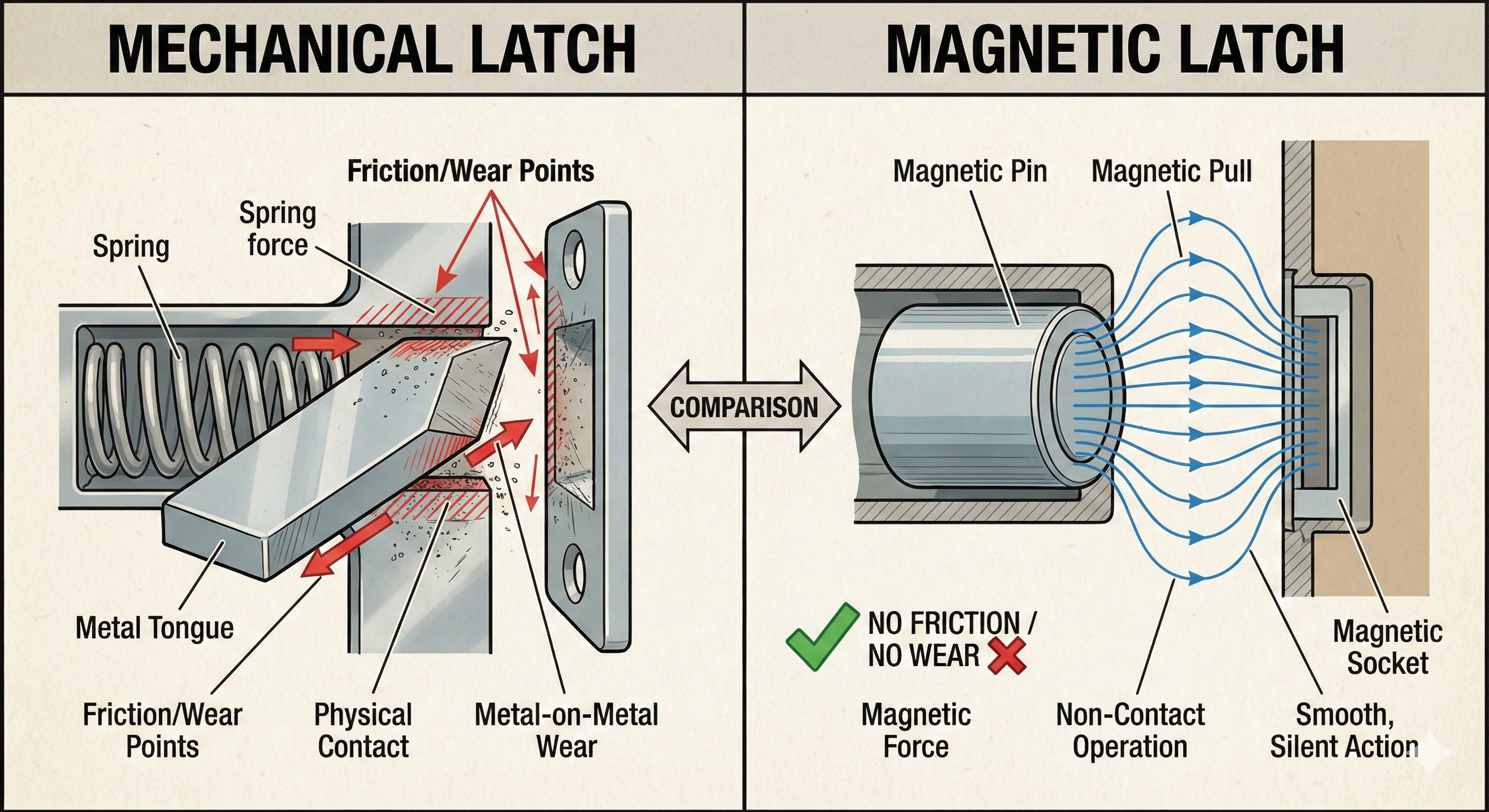 Schéma comparatif entre les loquets à ressort mécaniques et les mécanismes de loquet magnétiques sans frottement.