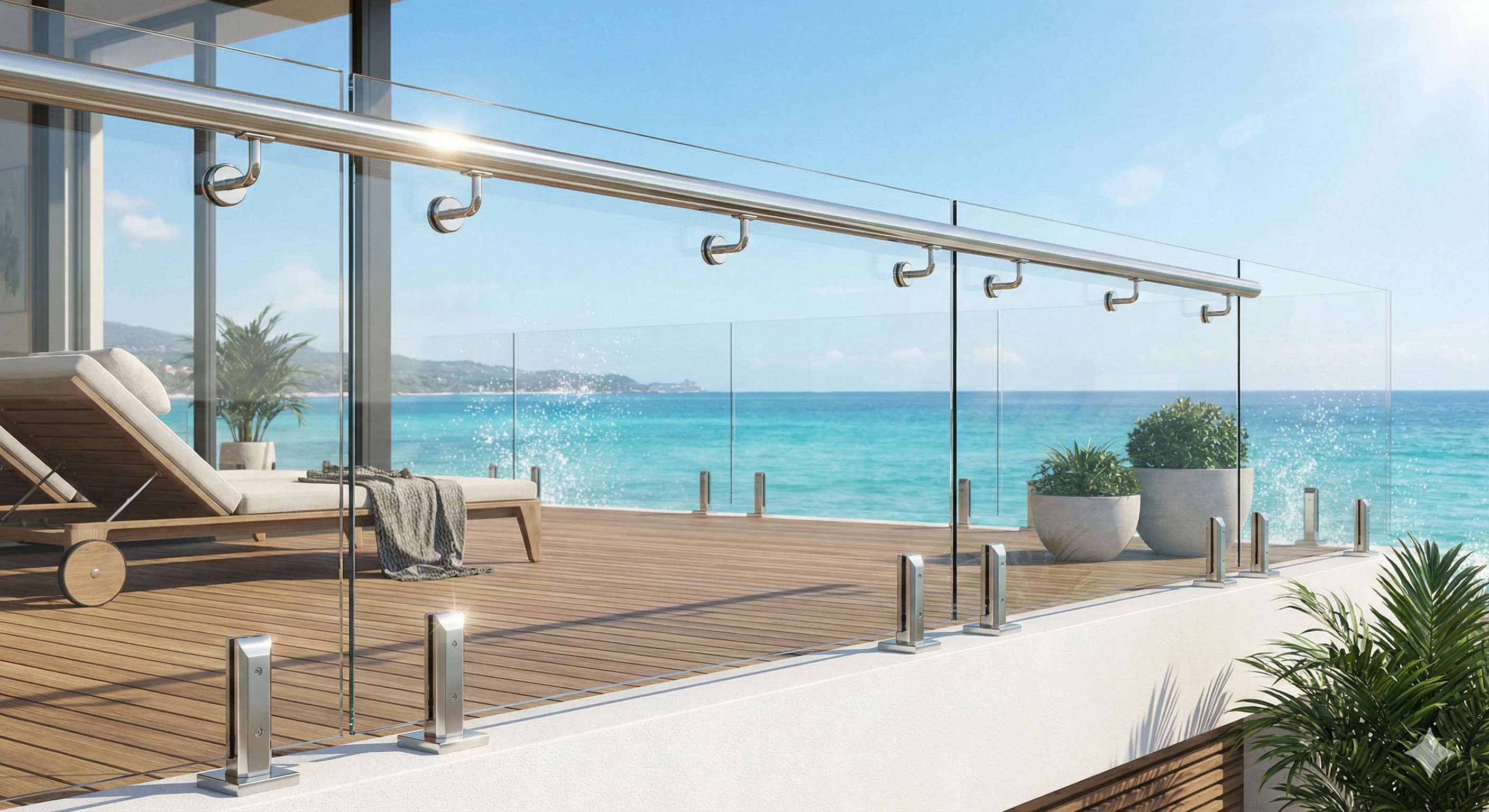 Modern glass railing system with stainless steel posts on coastal balcony