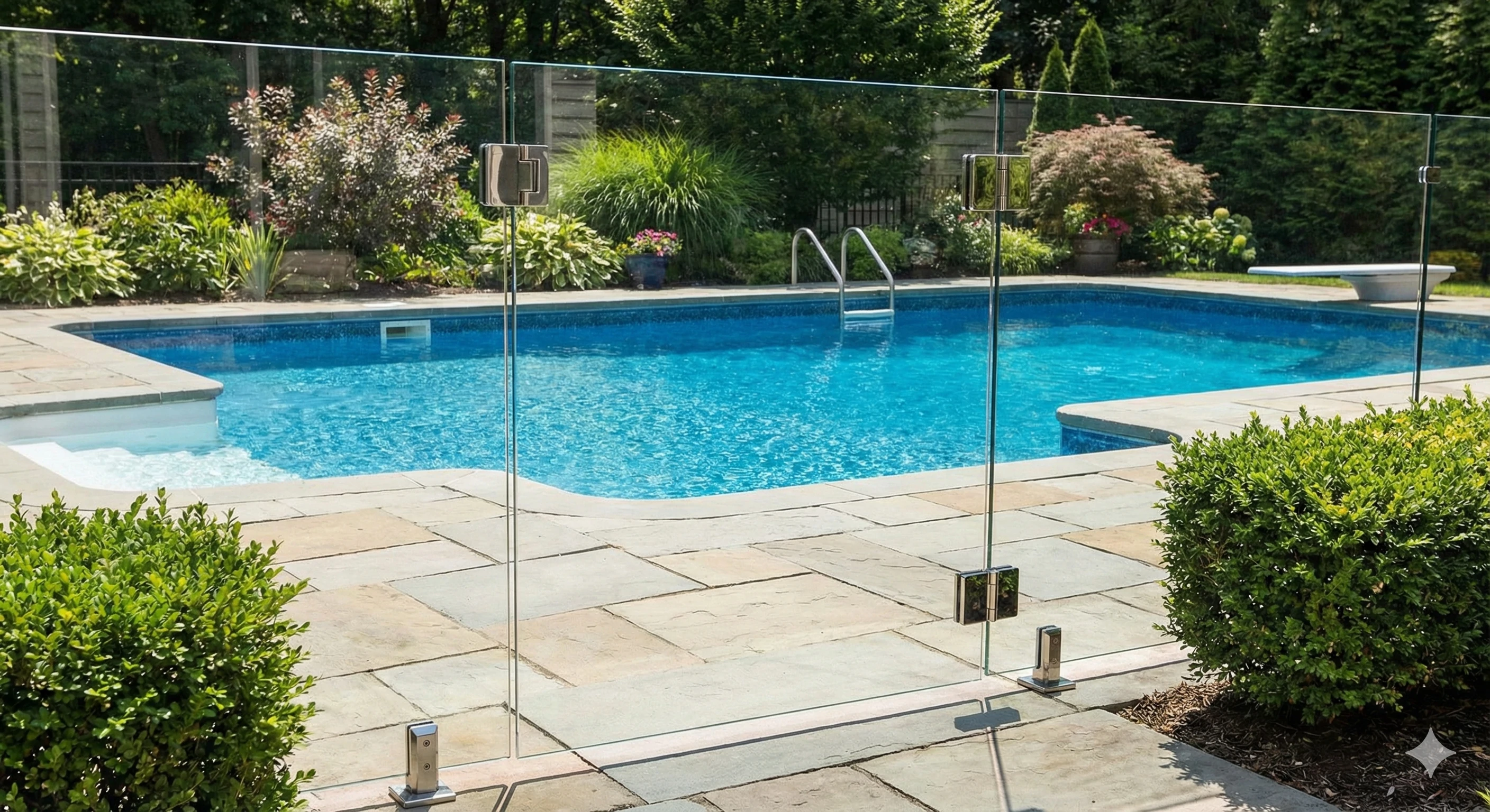 Completed installation of a frameless glass pool gate with stainless steel hinges.