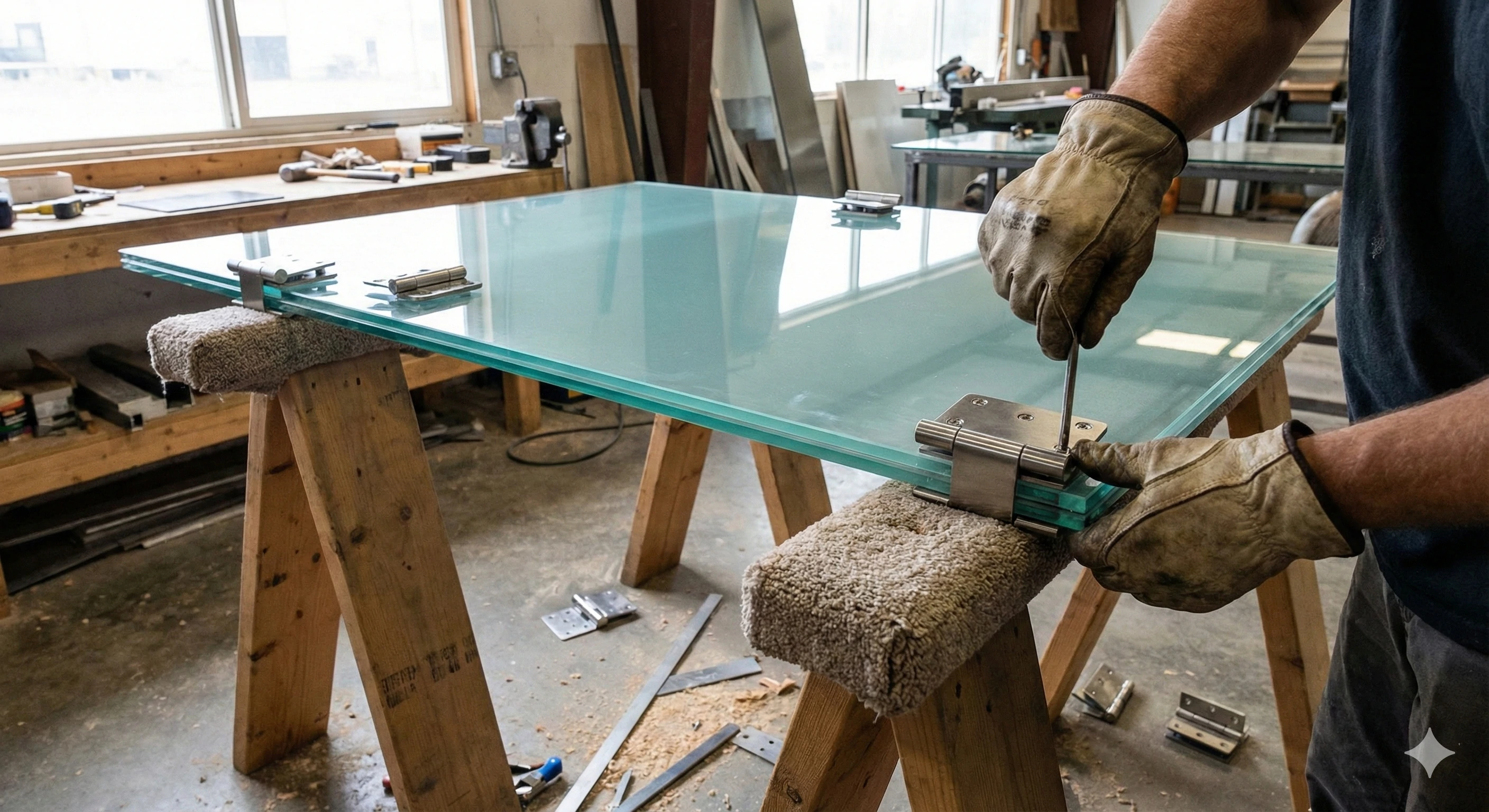 Fixation des charnières au panneau de la porte vitrée alors qu'il repose en toute sécurité sur des tréteaux.