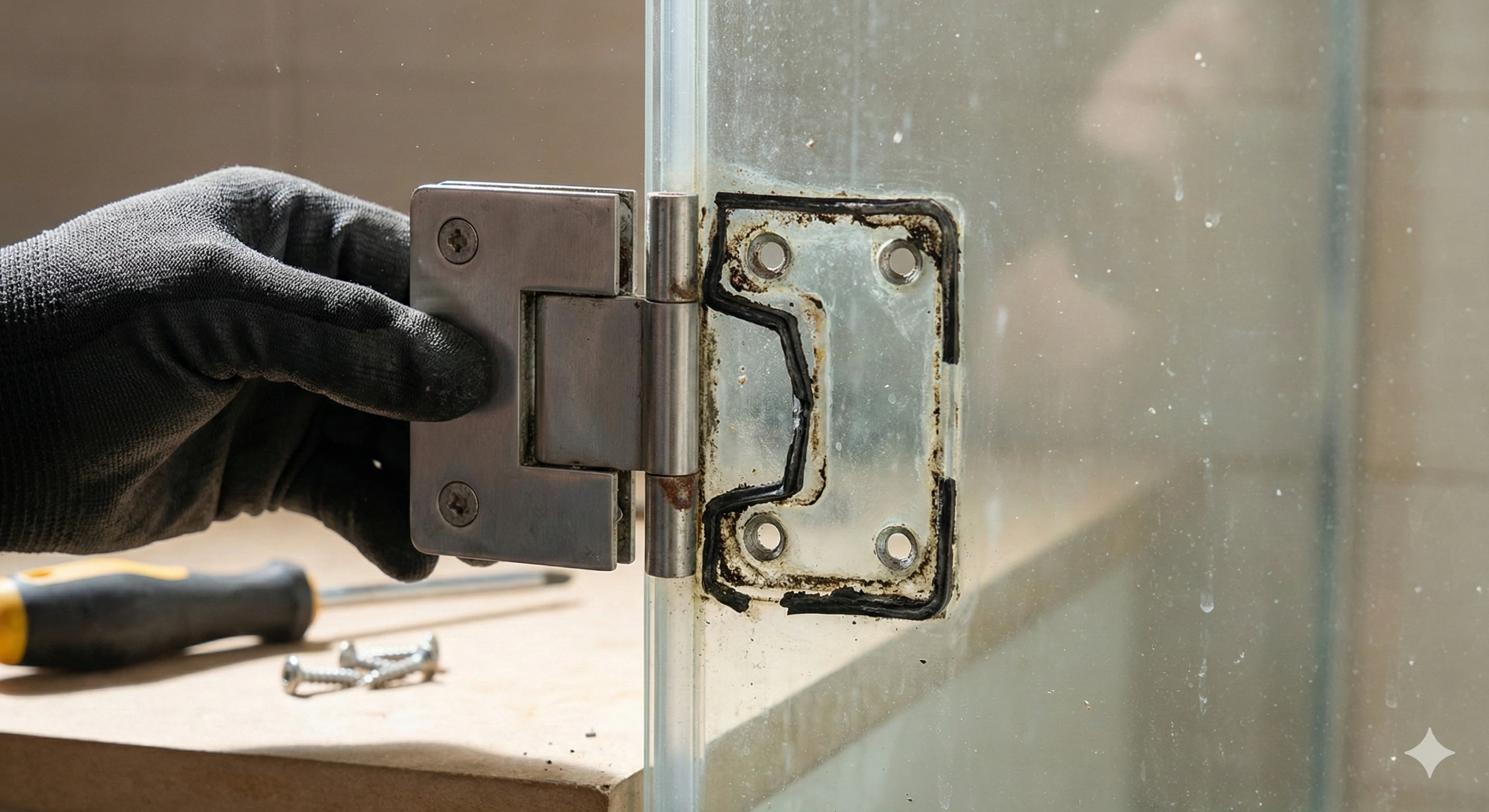 Gros plan d'une main retirant une plaque de charnière en acier inoxydable d'un panneau de verre. Les vis ont été retirées. La charnière est retirée, révélant les contours sales et les vieux joints en caoutchouc collés à la surface du verre.