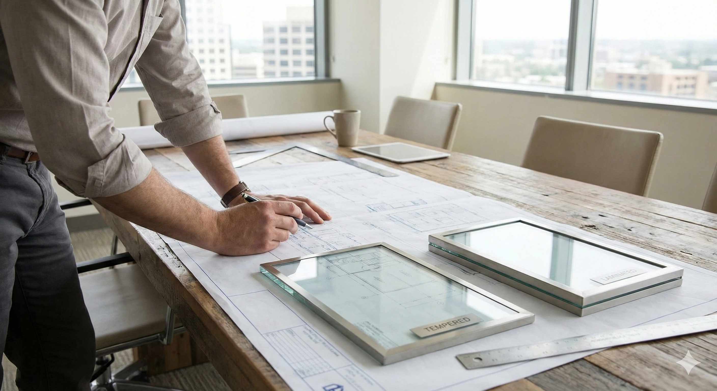 Ingénieur examinant les plans de quincaillerie en verre pour le développement d'un projet sur mesure