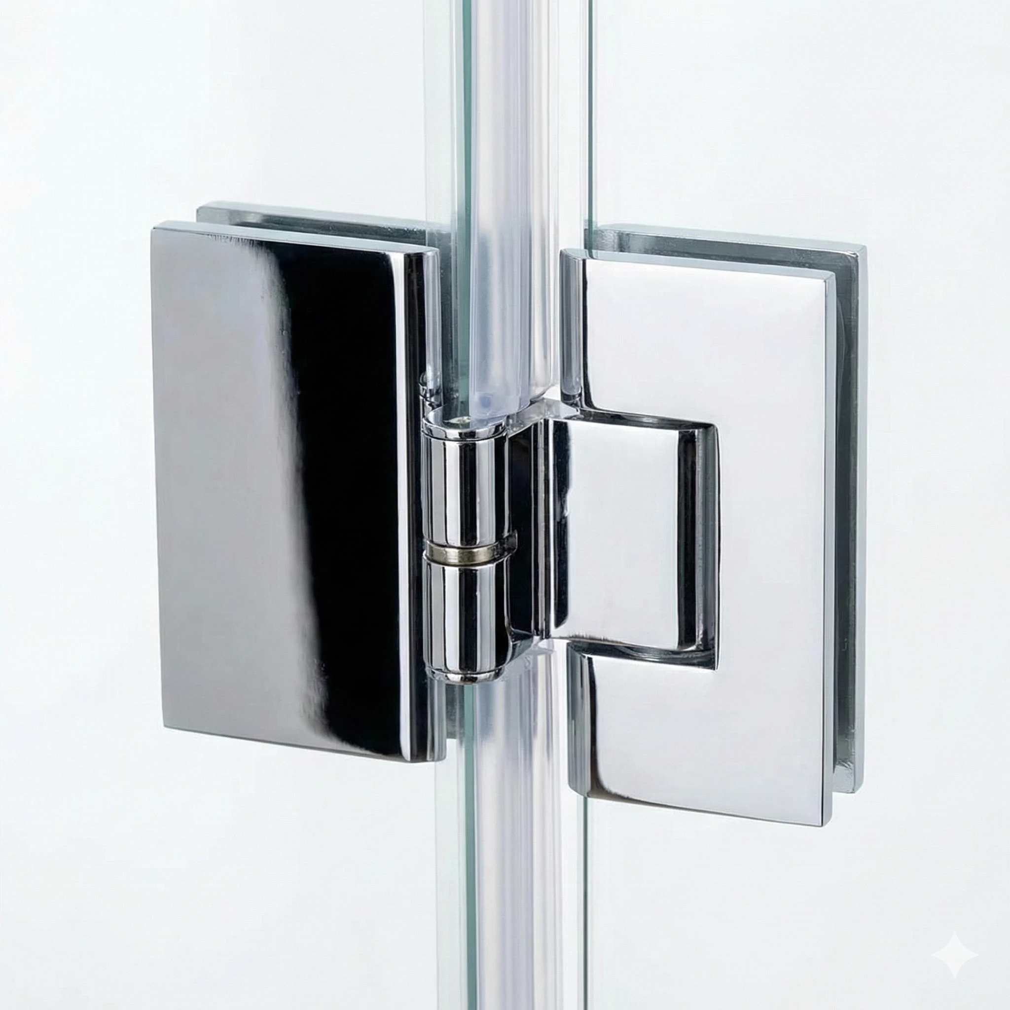 Solid brass self-centering shower hinge ensuring the glass door remains tightly closed against water seals.