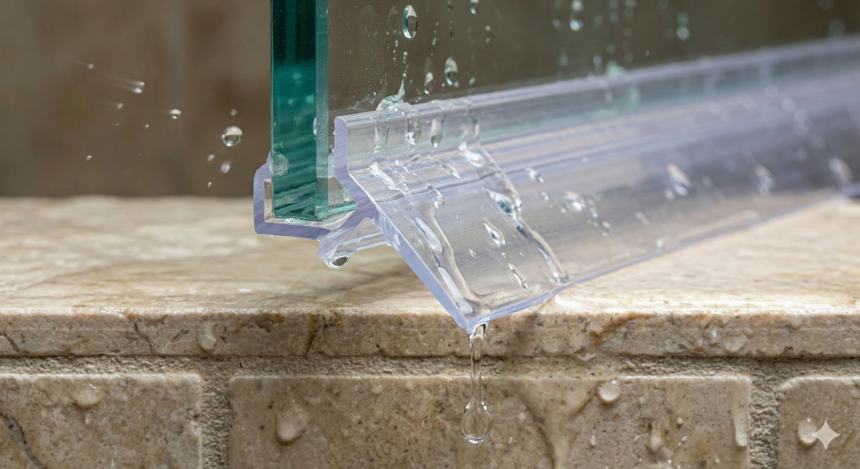 Frameless shower door bottom sweep with an angled drip rail deflecting water back into the shower enclosure.