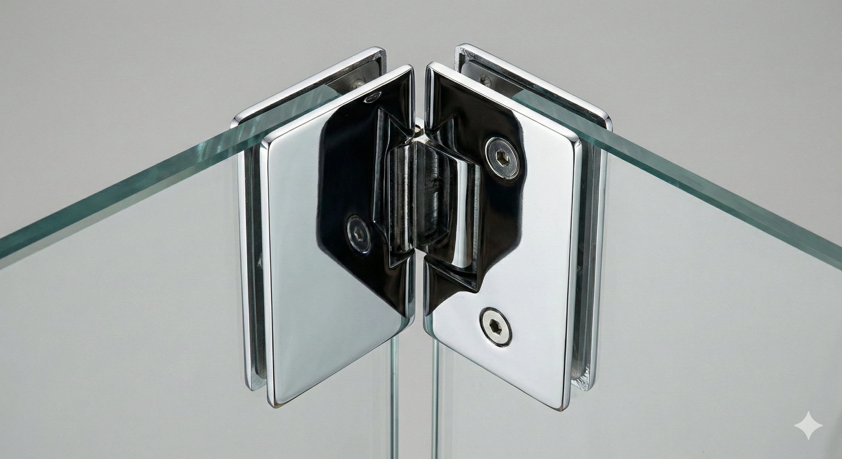 Close-up of a 180-degree solid brass shower hinge connecting two glass panels with a polished chrome finish.