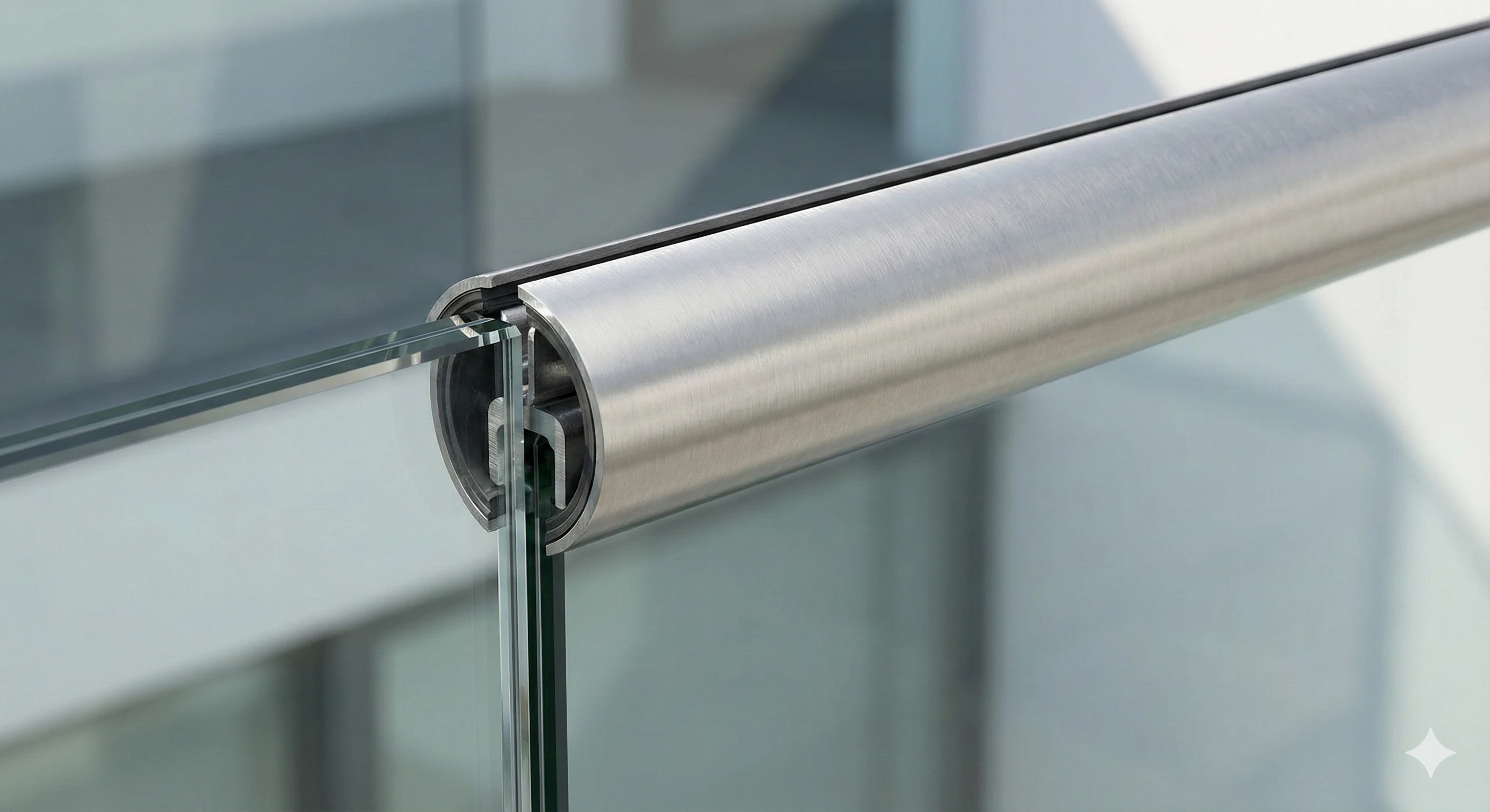 Stainless steel cap rail installed on frameless glass to meet handrail building codes.