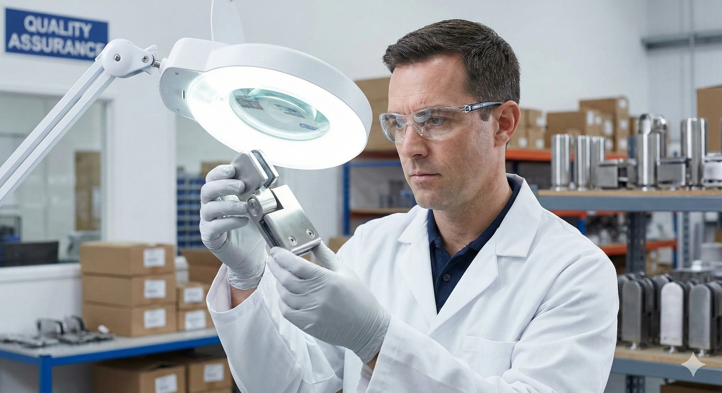 Aleader quality control expert inspecting stainless steel glass hinge