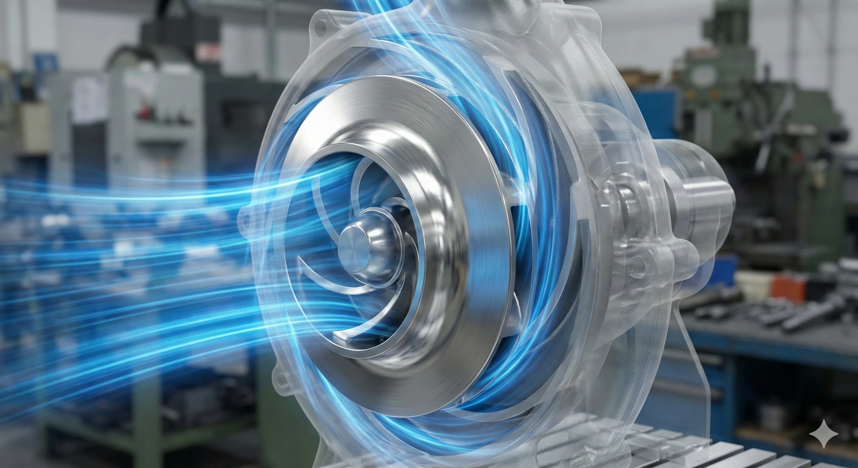 Stainless steel impeller casting with airflow dynamics visualization