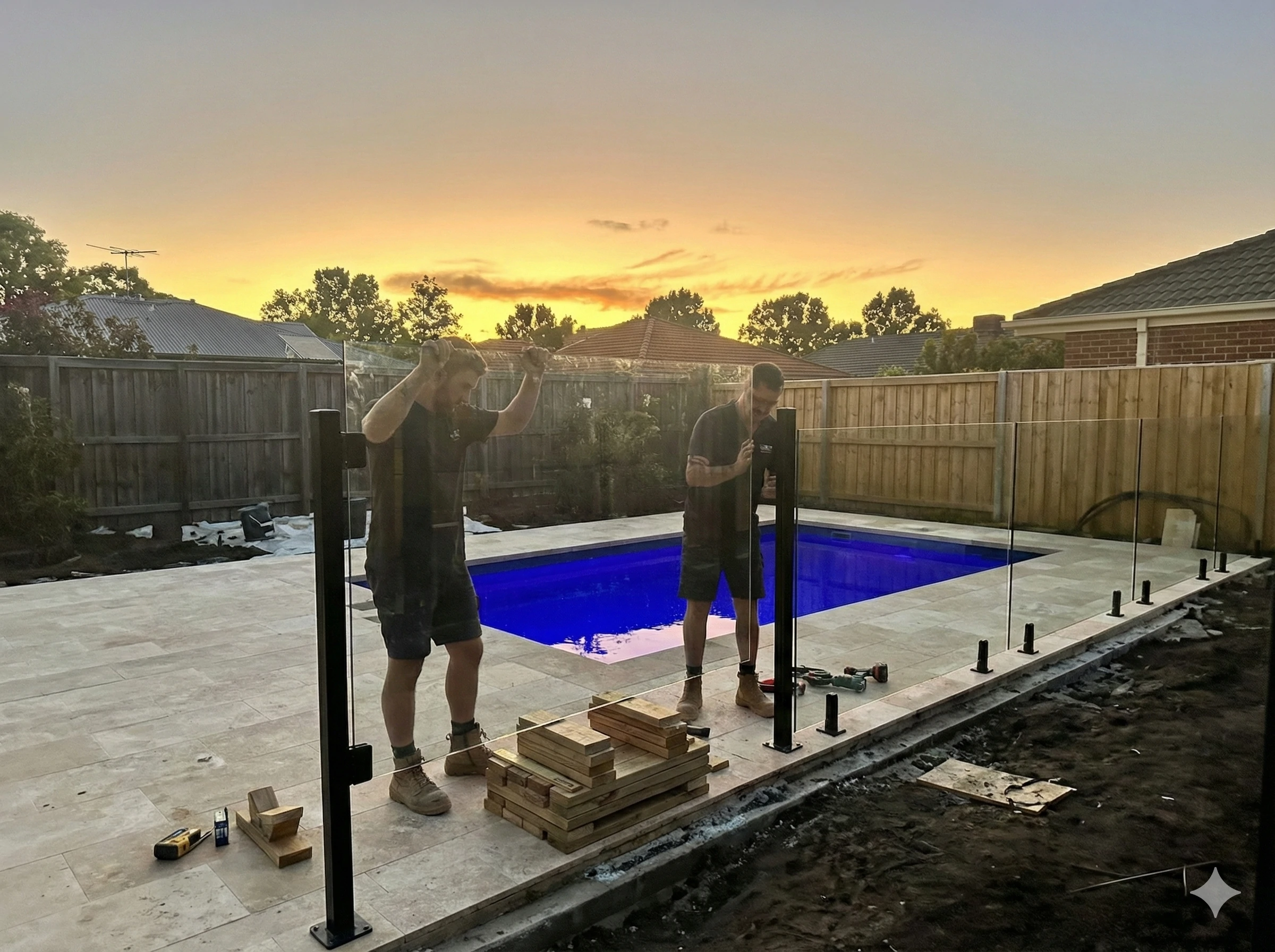 Utilisation de blocs de bois pour maintenir la porte vitrée à la bonne hauteur pendant l'installation des charnières.