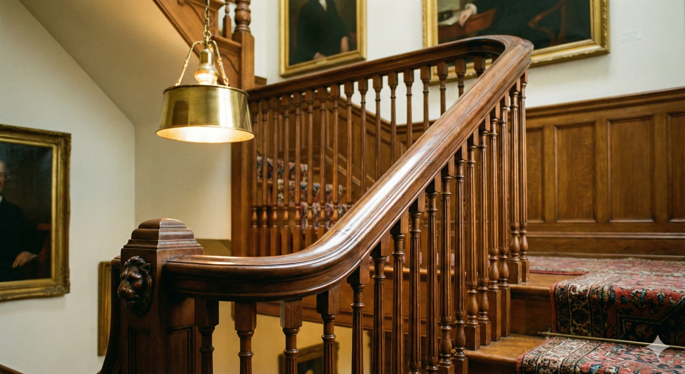A polished wooden banister serving as the handrail on a residential staircase.