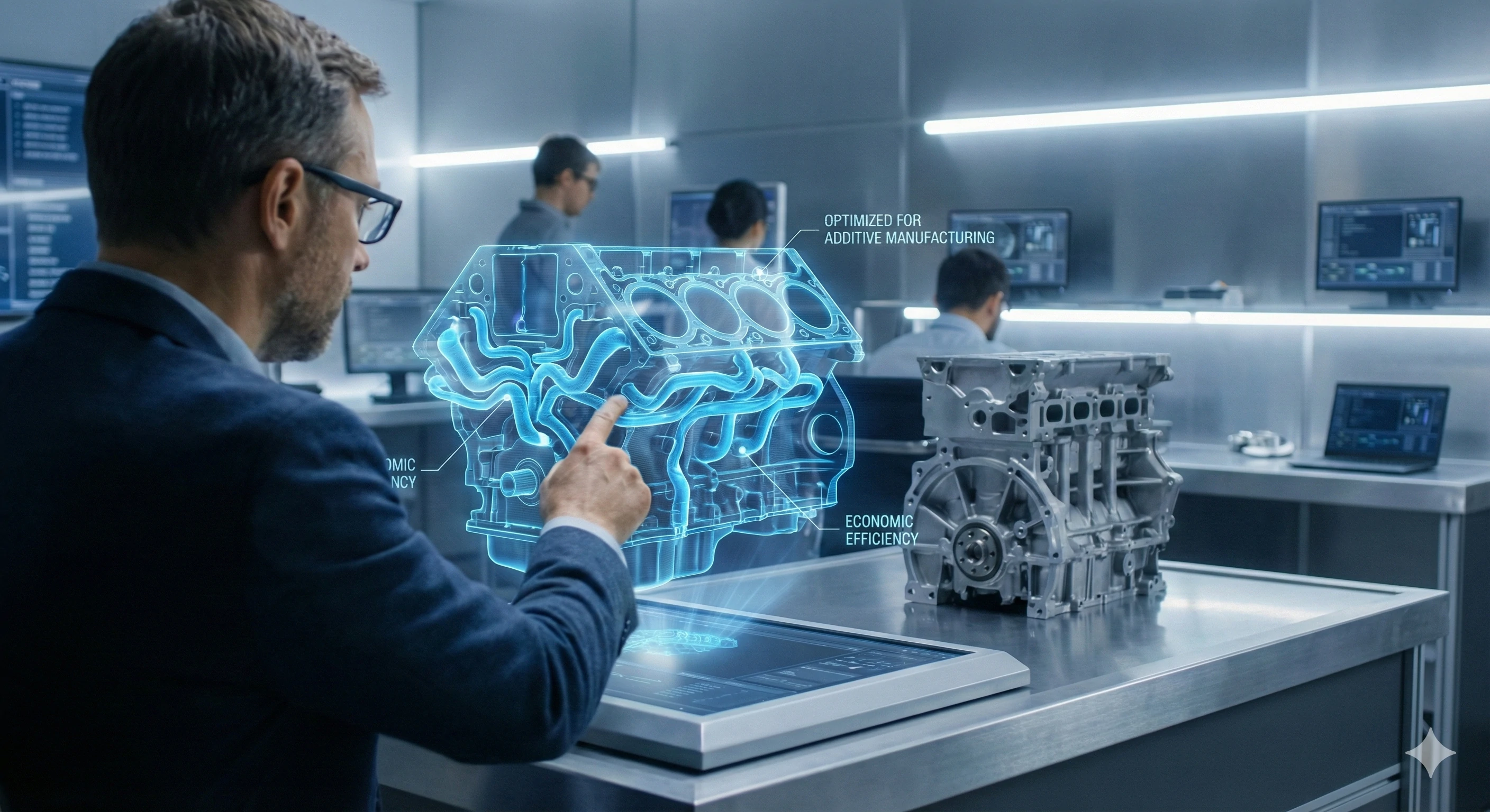 Engineer analyzing 3D holographic engine block model in modern lab