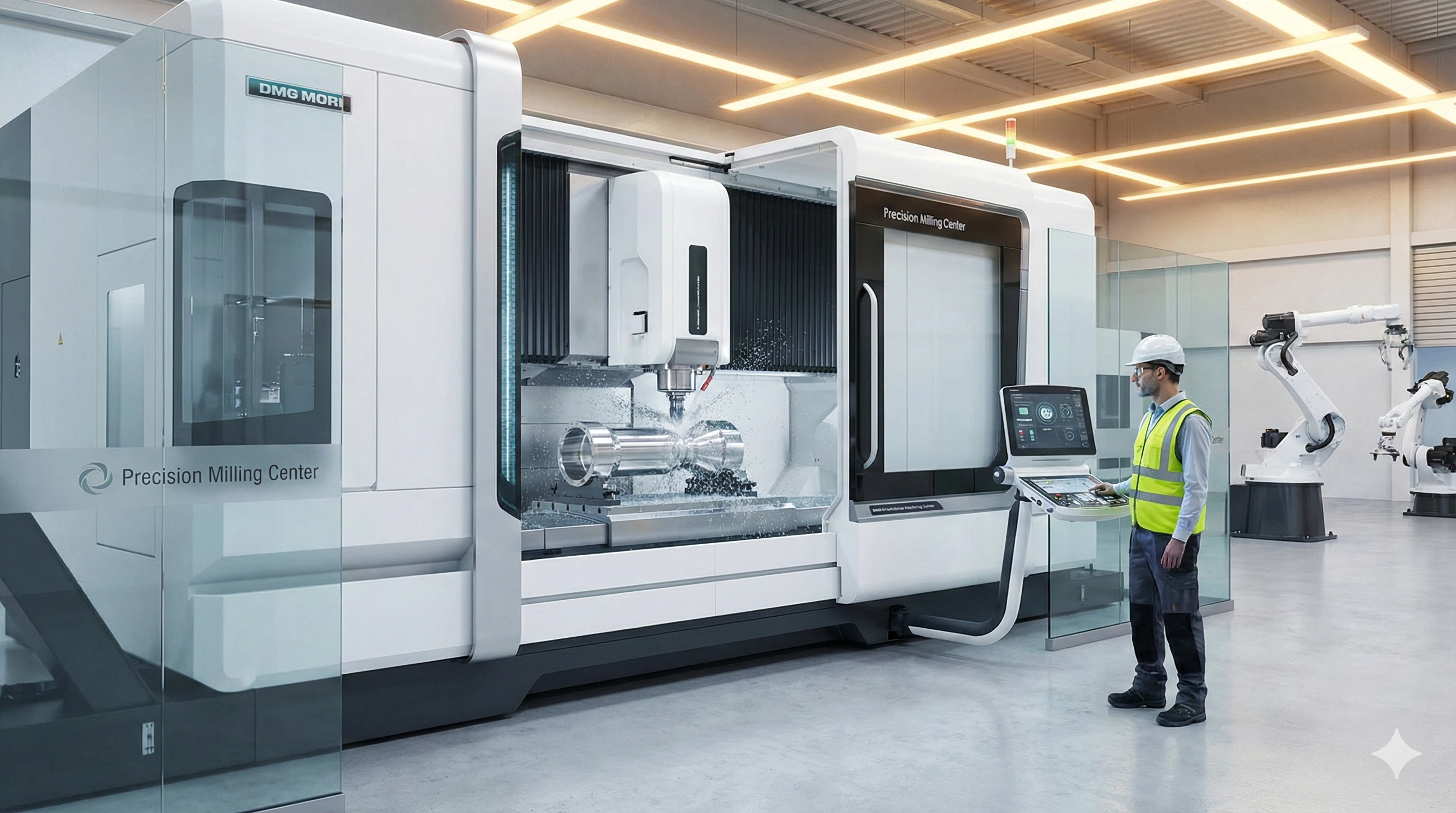 Advanced CNC precision milling machine operating in a modern glass hardware factory