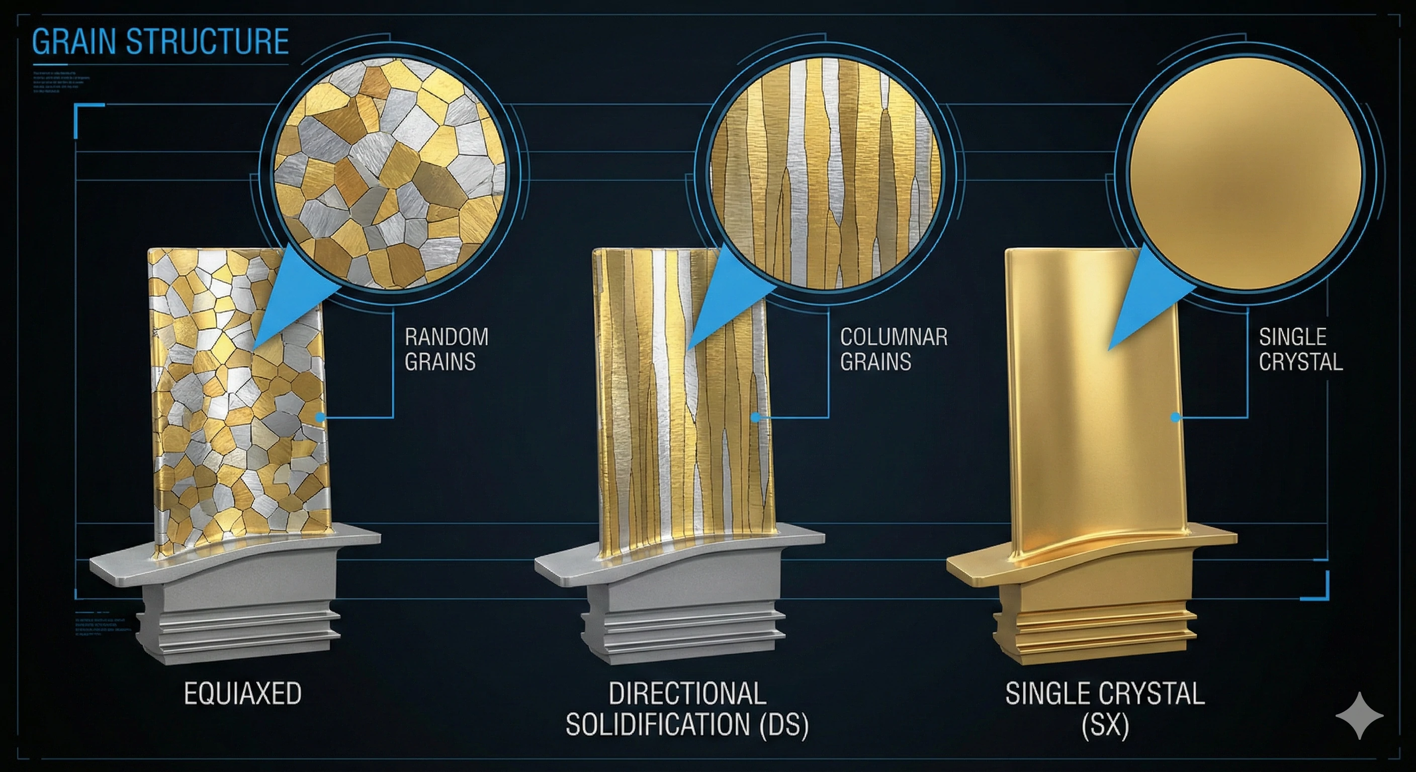 Metal grain structures showing equiaxed, directional, and single crystal forms